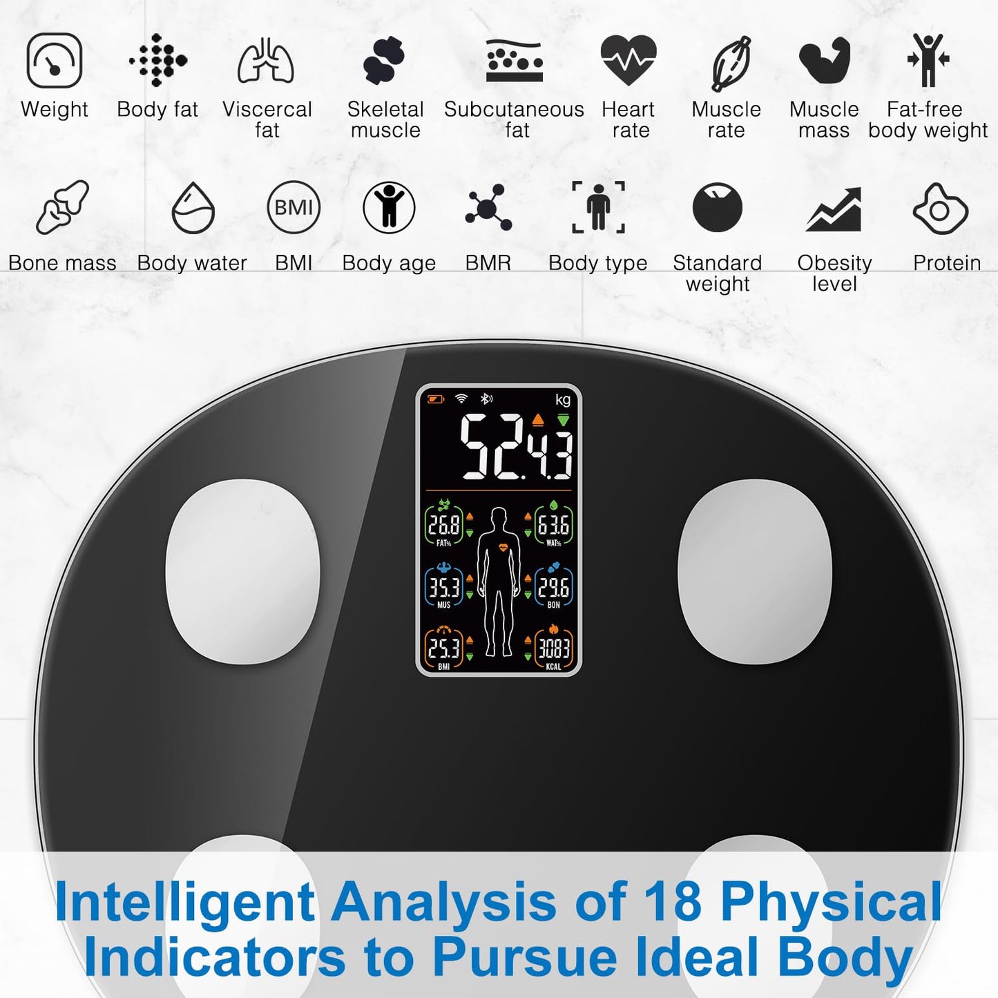 INSMART Báscula de grasa corporal para personas digital con aplicación, báscula Bluetooth para frecuencia cardíaca, grasa corporal, IMC, peso, masa muscular, agua, proteínas, músculos esqueléticos