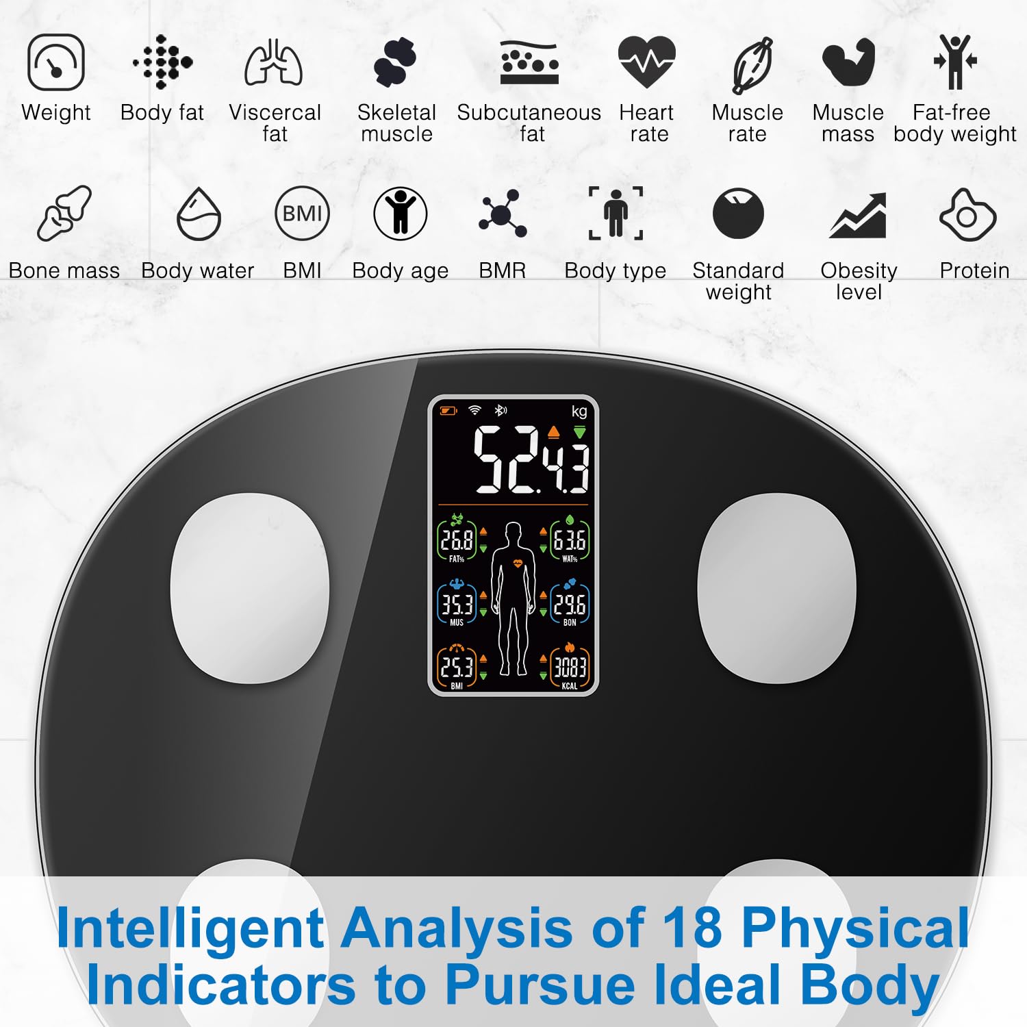 INSMART Báscula de grasa corporal para personas digital con aplicación, báscula Bluetooth para frecuencia cardíaca, grasa corporal, IMC, peso, masa muscular, agua, proteínas, músculos esqueléticos