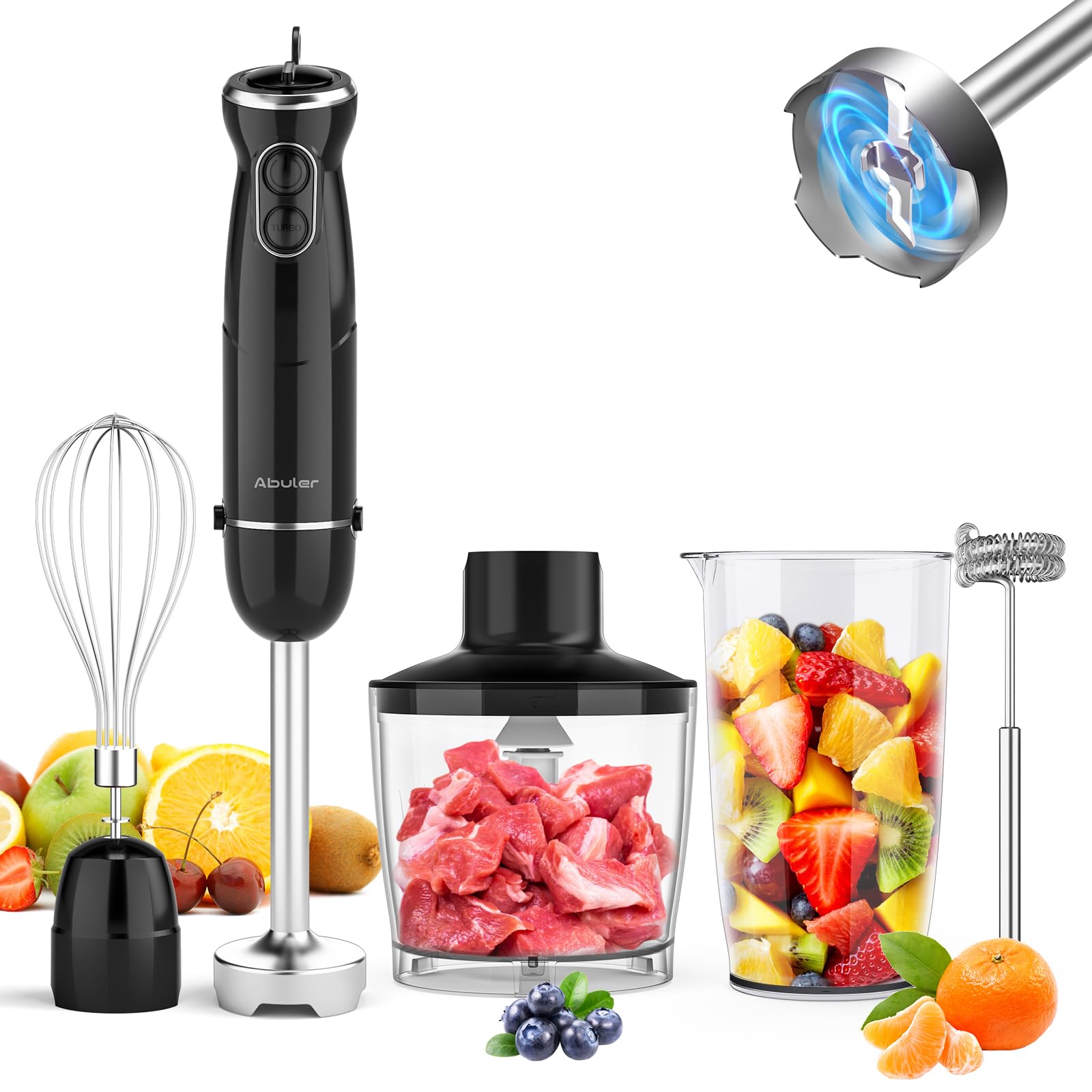 Batidora de mano de mano de 1000 W, mezclador de mano 5 en 1, sin BPA, licuadora de mano de 12 velocidades 304, acero inoxidable, mezclador, picador, batidor, espumador de leche, sopa, batidos,