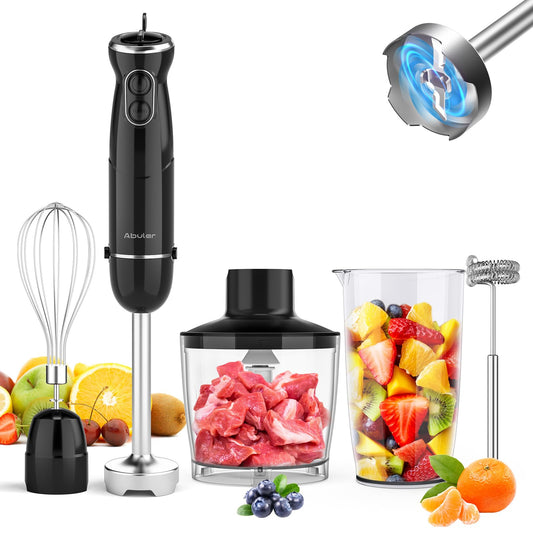 Batidora de mano de mano de 1000 W, mezclador de mano 5 en 1, sin BPA, licuadora de mano de 12 velocidades 304, acero inoxidable, mezclador, picador, batidor, espumador de leche, sopa, batidos,