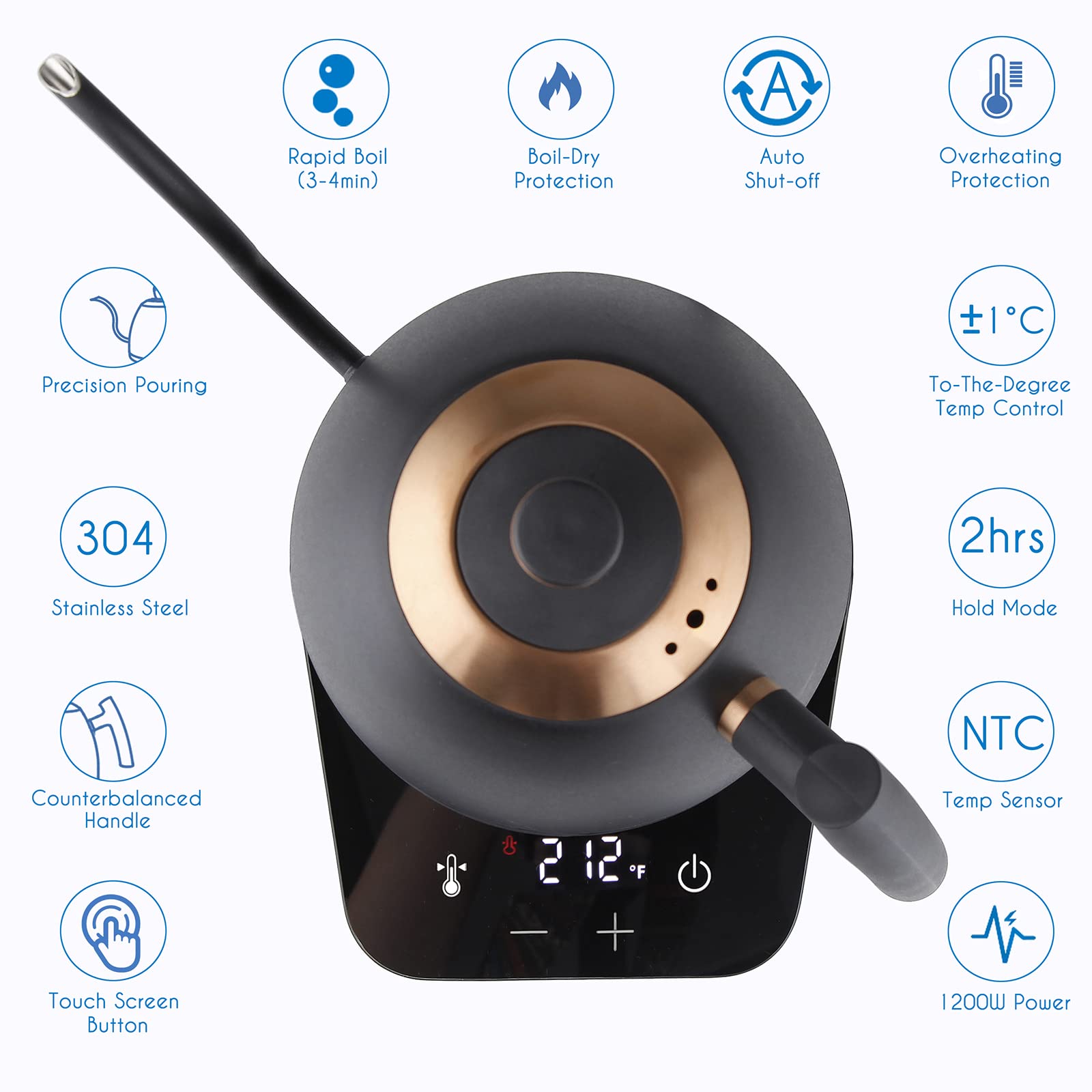 Easyworkz hervidor de café eléctrico de cuello de cisne, tetera de acero inoxidable con goteo manual, control de temperatura de 800 ml, calentamiento rápido de 1200 W