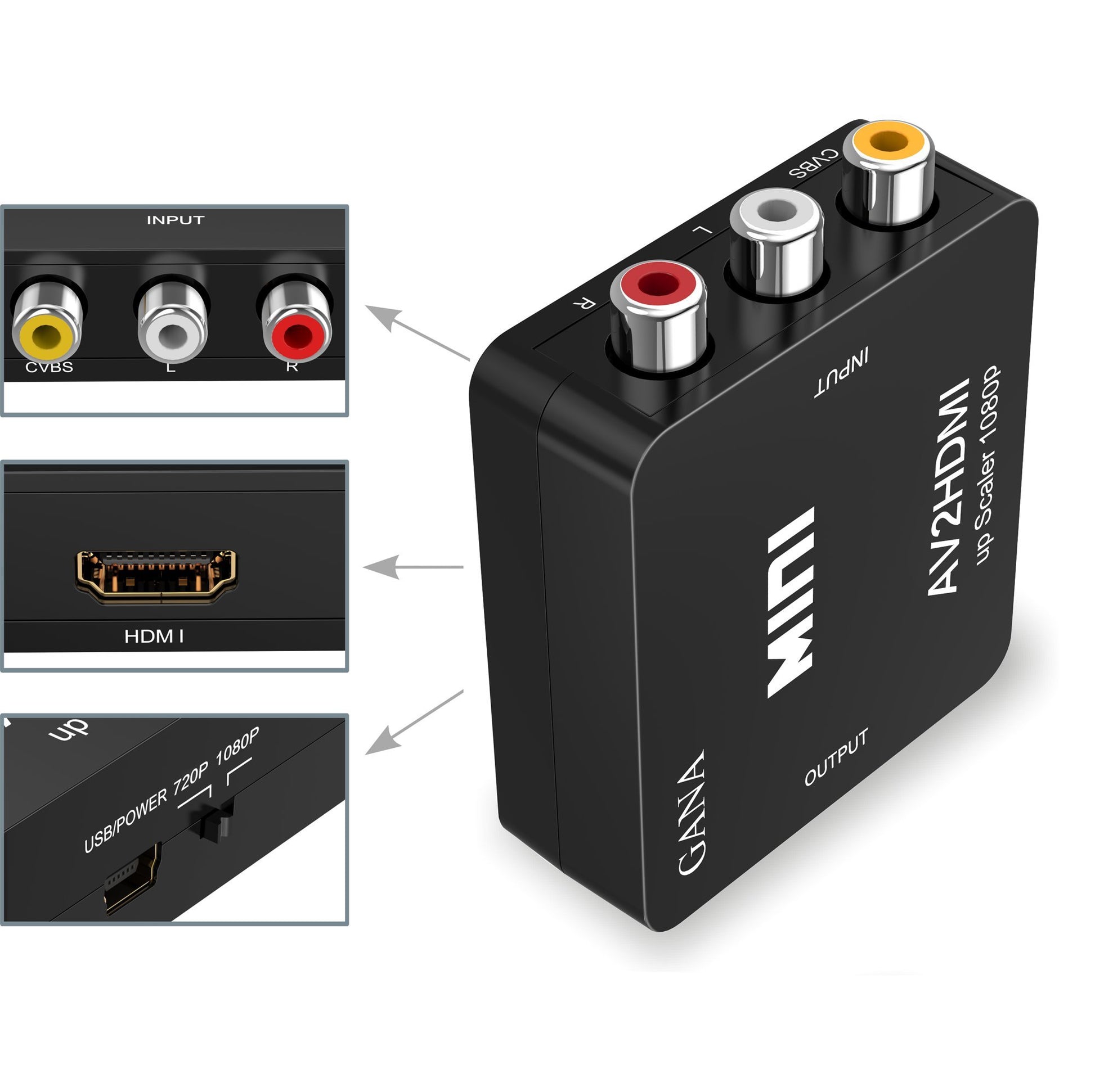 GANA RCA a HDMI, AV a HDMI Convertidor de Video Soporte 1080P con Cable de Alimentación USB para PC/Laptop/Xbox/PS4/PS3/TV/STB/VHS/VCR Cámara DVD - Negro