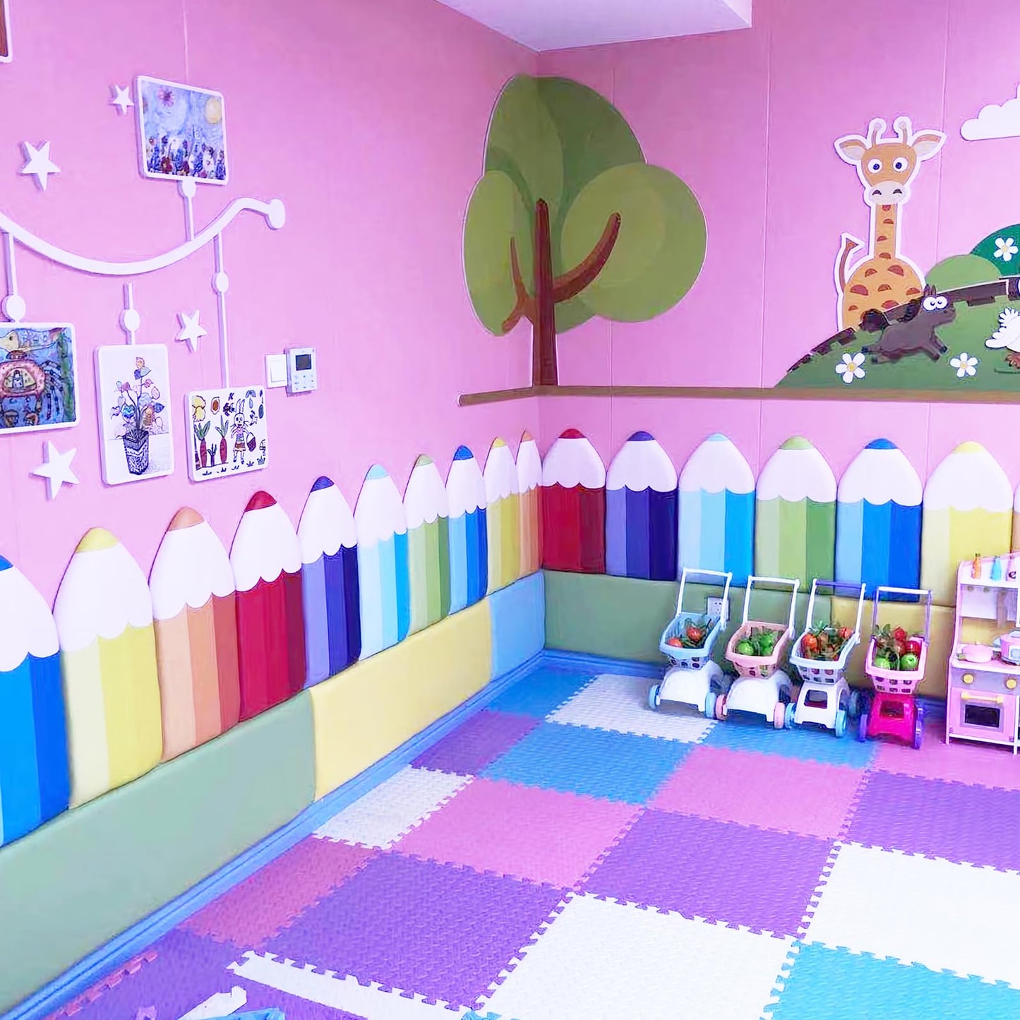 Acolchado de pared 3D anticolisión, paneles de pared tapizados en forma de lápiz, cabecero despegable y pegado, decoración de sala de juegos, calcomanías sensoriales para pared de guardería (azul