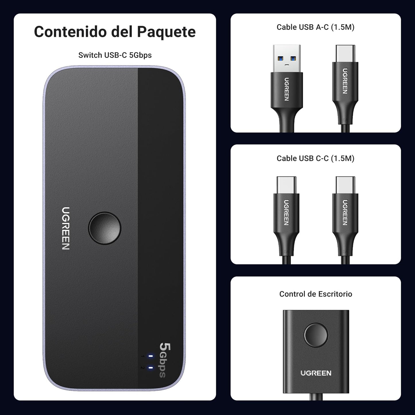 Switch USB C 3.0 UGREEN Negro con Cuatro Puertos para PC y Laptop