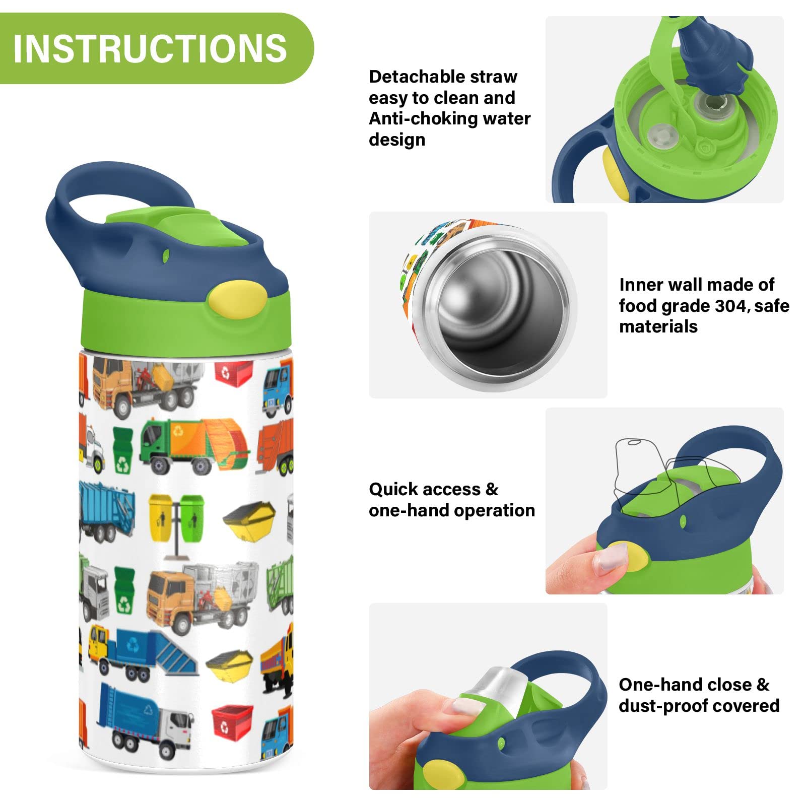 Botella de agua de acero inoxidable para niños, botella de agua aislada al aspiradora de acero inoxidable de 12 onzas para niños y niños, botellas aisladas al aspiradora de doble pared (camiones de