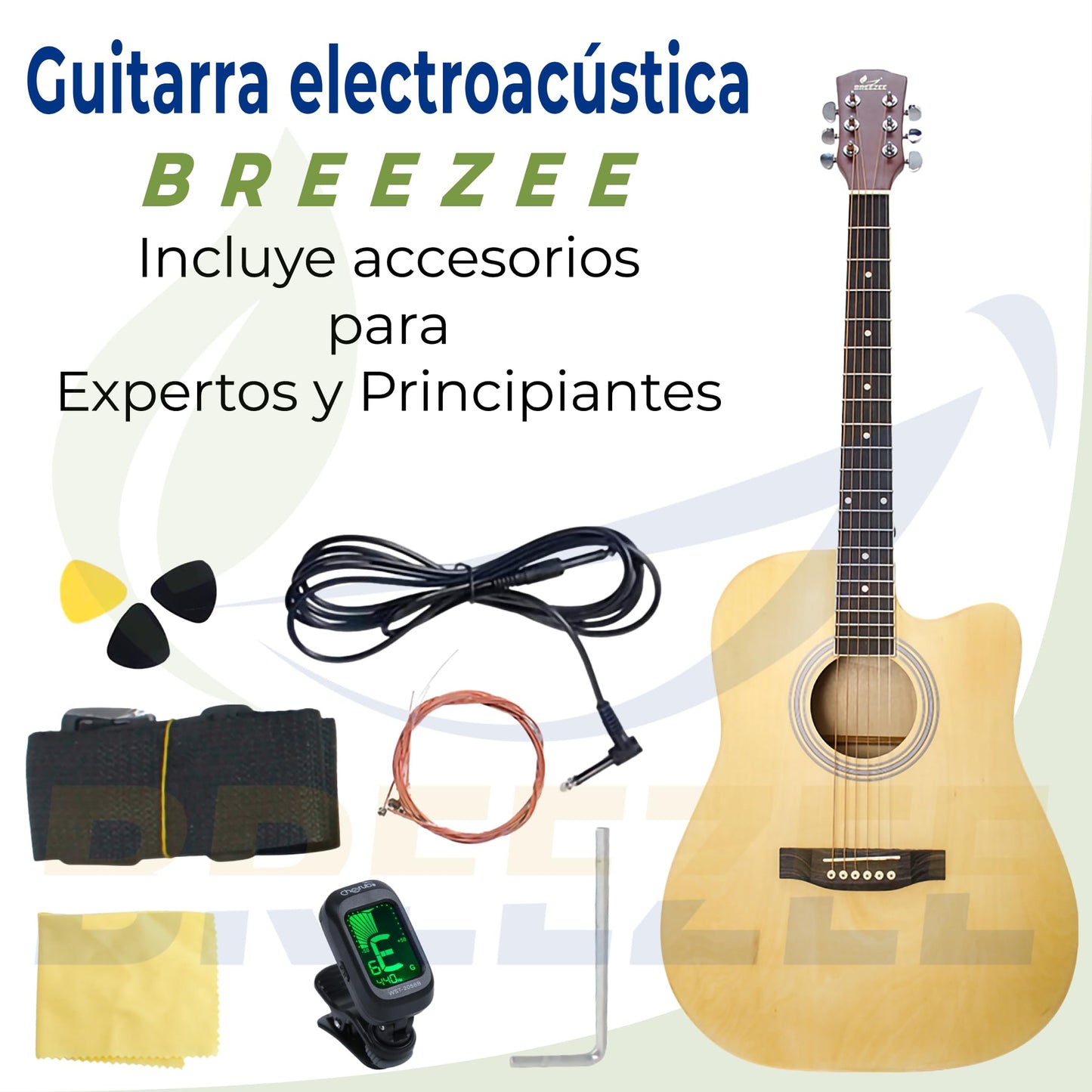 BREEZEE Guitarra Electroacústica de 41 Pulgadas con Cuerdas de Metal, Ecualizador de 4 Bandas, Incluye Funda, Afinador, Cuerdas Extra, Cable Auxiliar y Más, Guitarra Para Expertos Y Principiantes