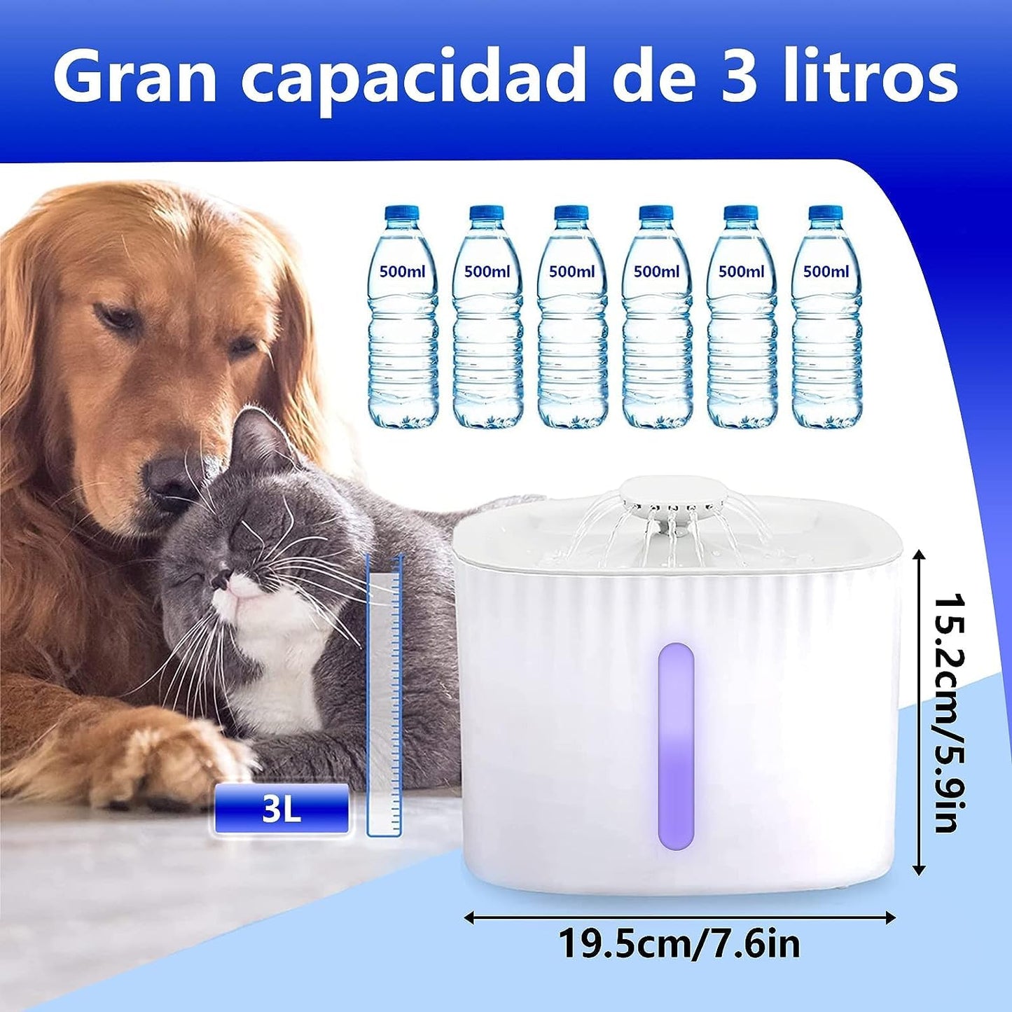 Bebedero para Gato, Fuente De Agua Automática De 3L con Indicador De Nivel De Agua, Bebedero De Agua Automatico para Gatos, Perros, Múltiples Mascotas