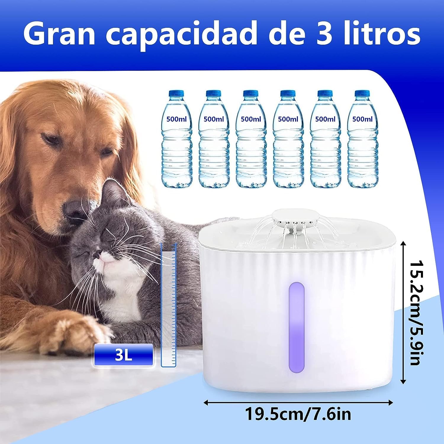 Bebedero para Gato, Fuente De Agua Automática De 3L con Indicador De Nivel De Agua, Bebedero De Agua Automatico para Gatos, Perros, Múltiples Mascotas