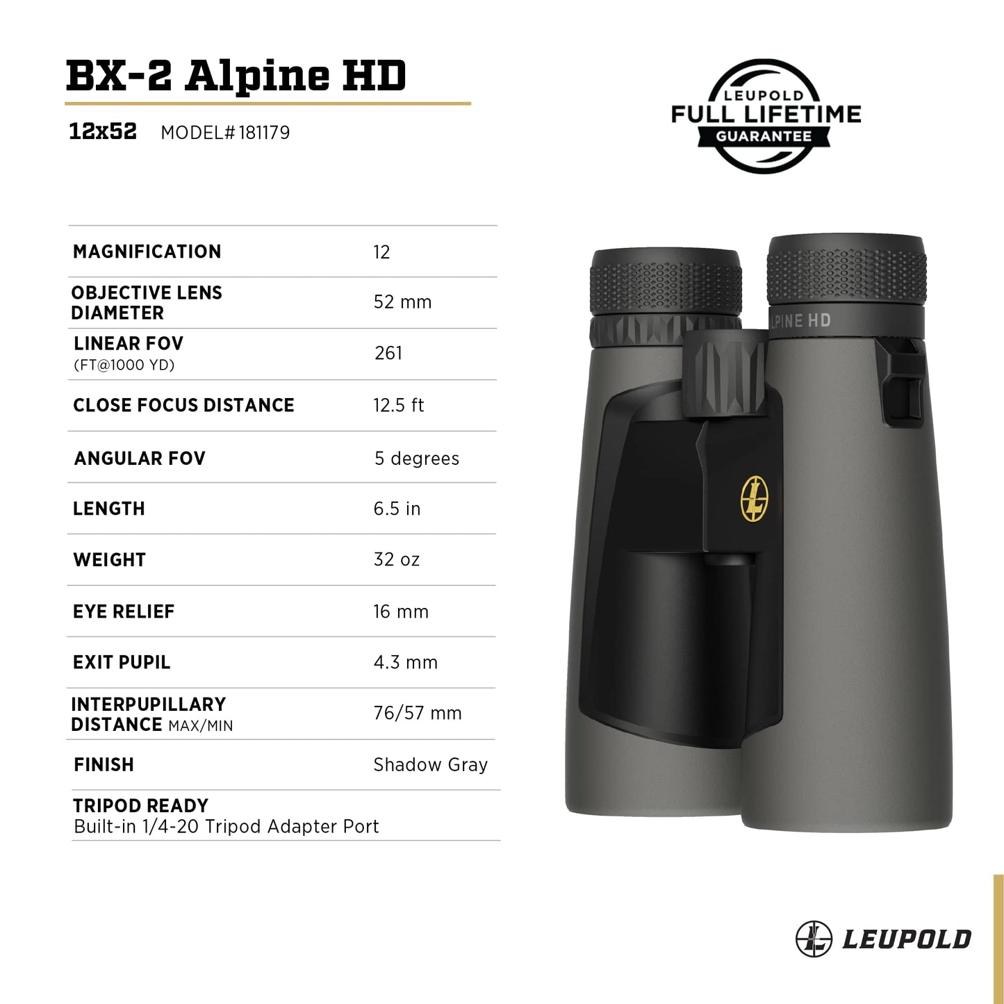 Leupold Binoculares Alpine HD Bx-2, 12X52Mm (181179)