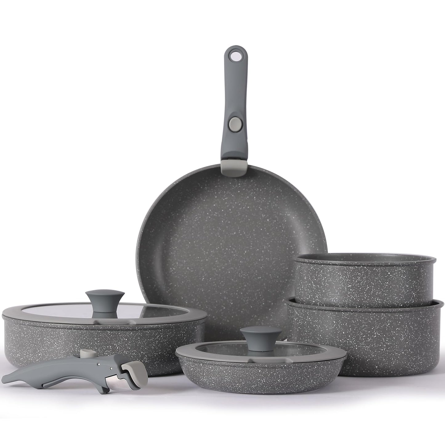 Juego de Ollas y Sartenes Vkoocy Gris Antiadherente con Mango Desmontable para Inducción y Camping