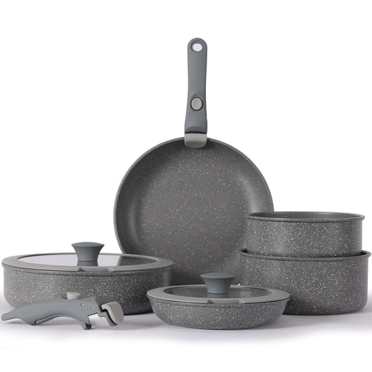 Juego de Ollas y Sartenes Vkoocy Gris Antiadherente con Mango Desmontable para Inducción y Camping