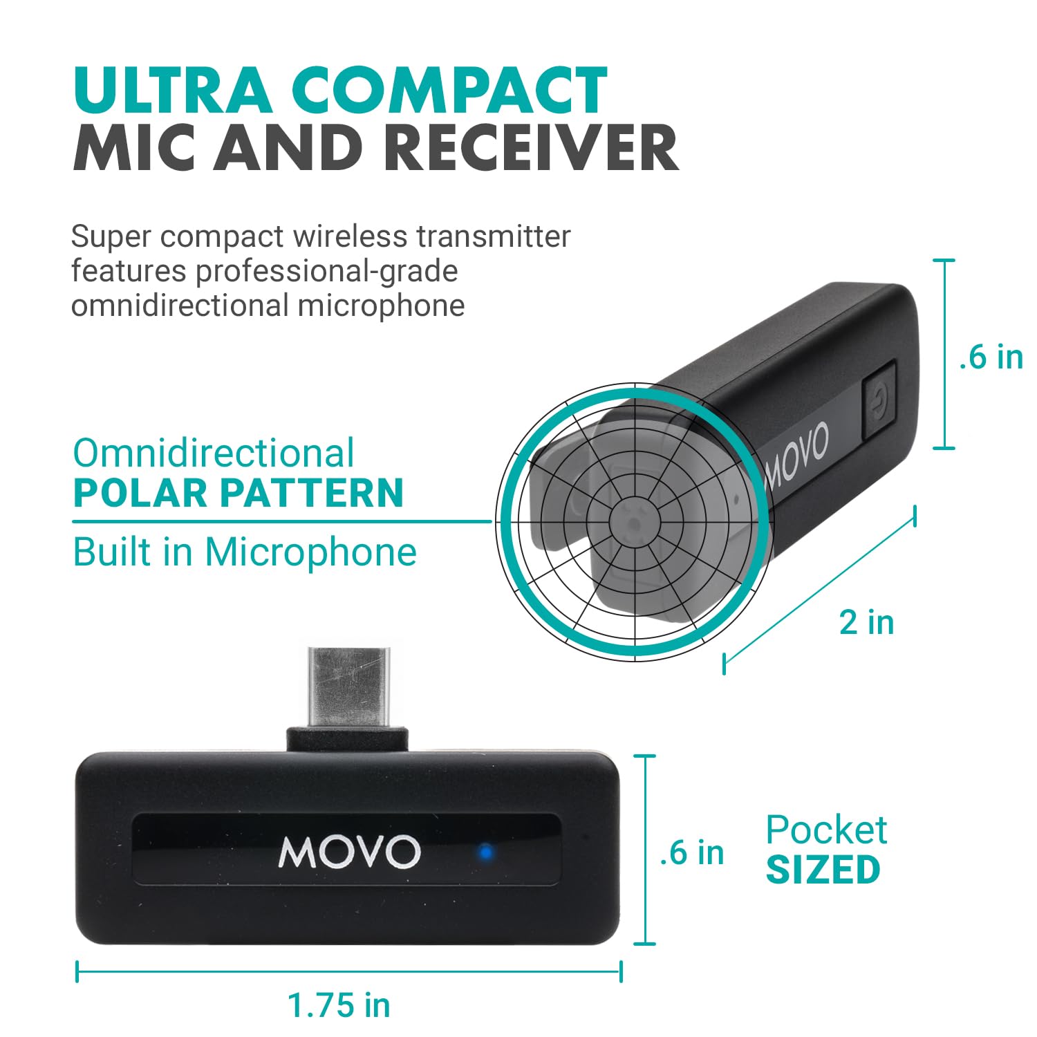 Micrófono Inalámbrico USB-C Movo Negro con Batería de 10 Horas y Alcance de 165 Pies Compatible con iPhone 15/16 Pro Max