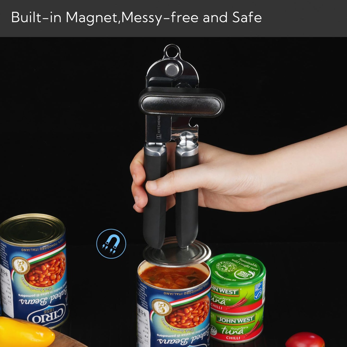 KITCHENDAO Abrelatas manual, abridor de latas de mano con imán, rueda de corte súper afilada para un corte de borde suave, perilla de gran tamaño de agarre para personas mayores y artritis, Negro
