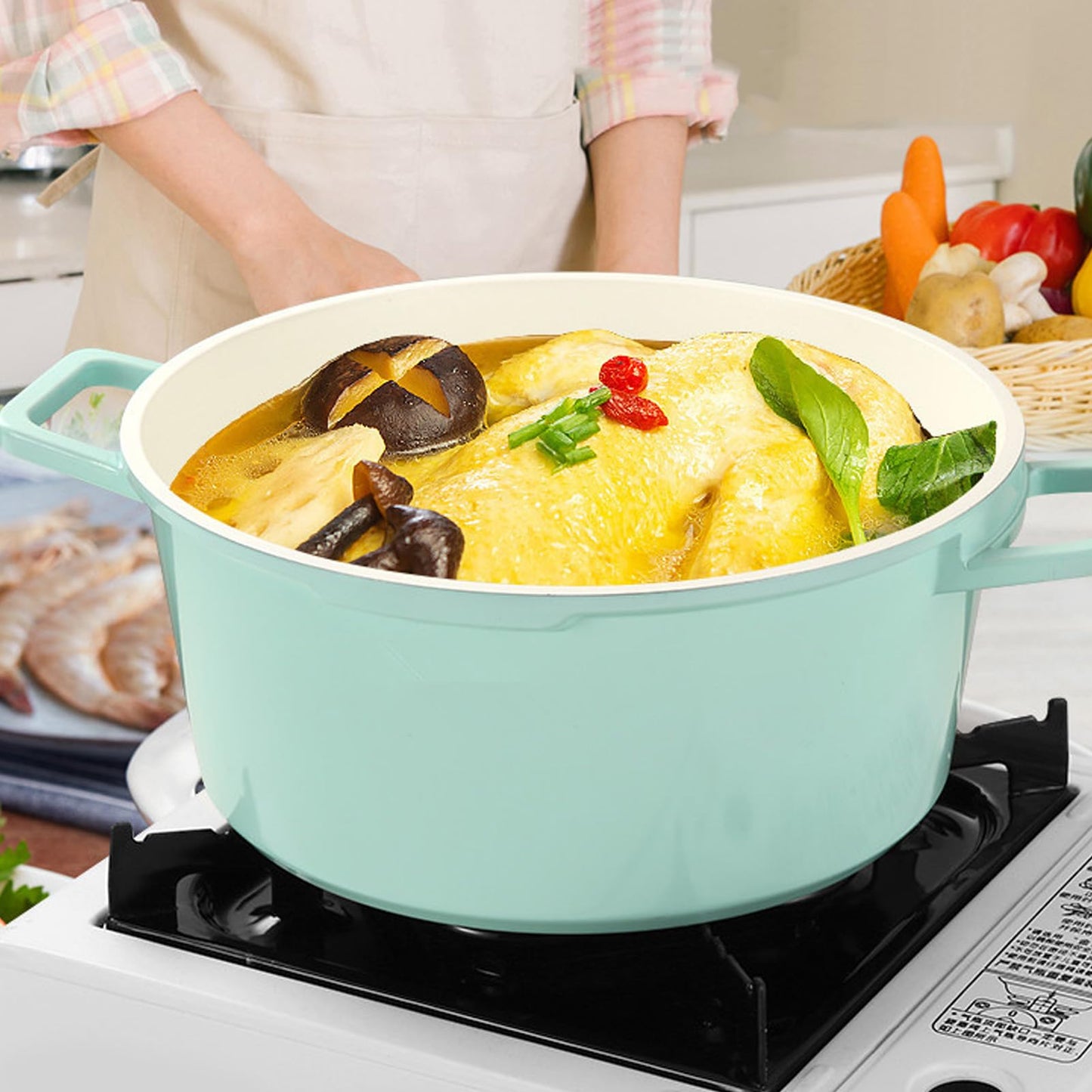 Olla Esmaltada con Tapa, Cacerola de Horno Holandés de Hierro Fundido Esmaltado de Gran Capacidad, Olla de Cerámica de Aleación de Aluminio con 2 Asas, Cacerola Versátil, (GREEN)