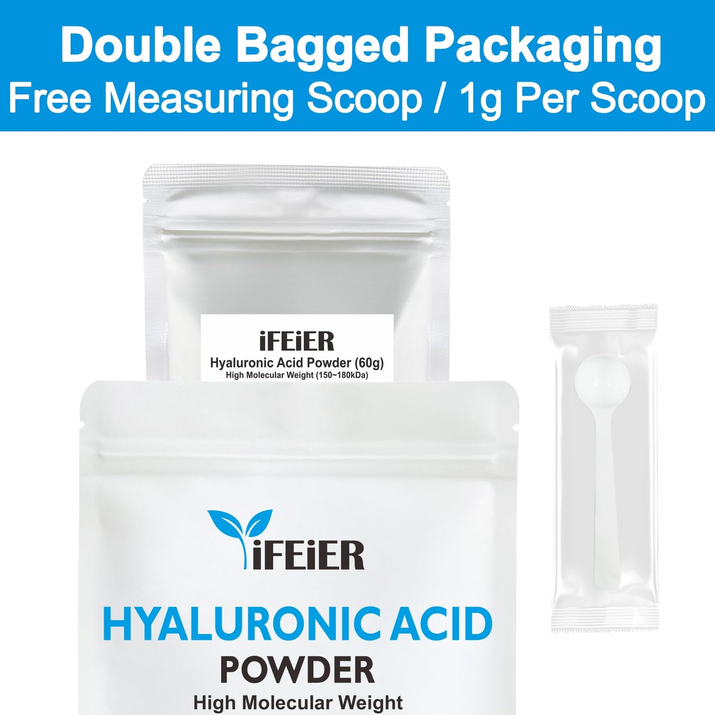 iFEiER- Polvo de ácido hialurónico de alto peso molecular iFEiER (150~180 kDa), 60 g (2,12 oz), grado cosmético.