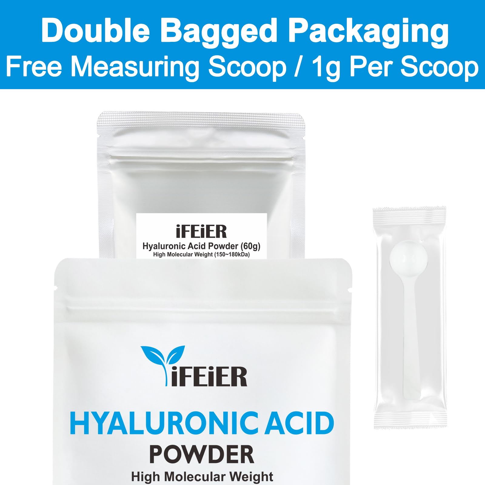 iFEiER- Polvo de ácido hialurónico de alto peso molecular iFEiER (150~180 kDa), 60 g (2,12 oz), grado cosmético.