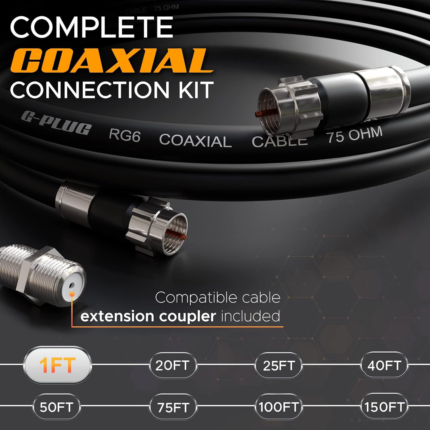 G-PLUG Cable Coaxial RG6 75 Ohm, Triple Blindaje, Conectores F Tipo Macho a Macho, Cable Antena TV, Satelital e Internet Banda Ancha, Incluye Acoplador F81, Negro