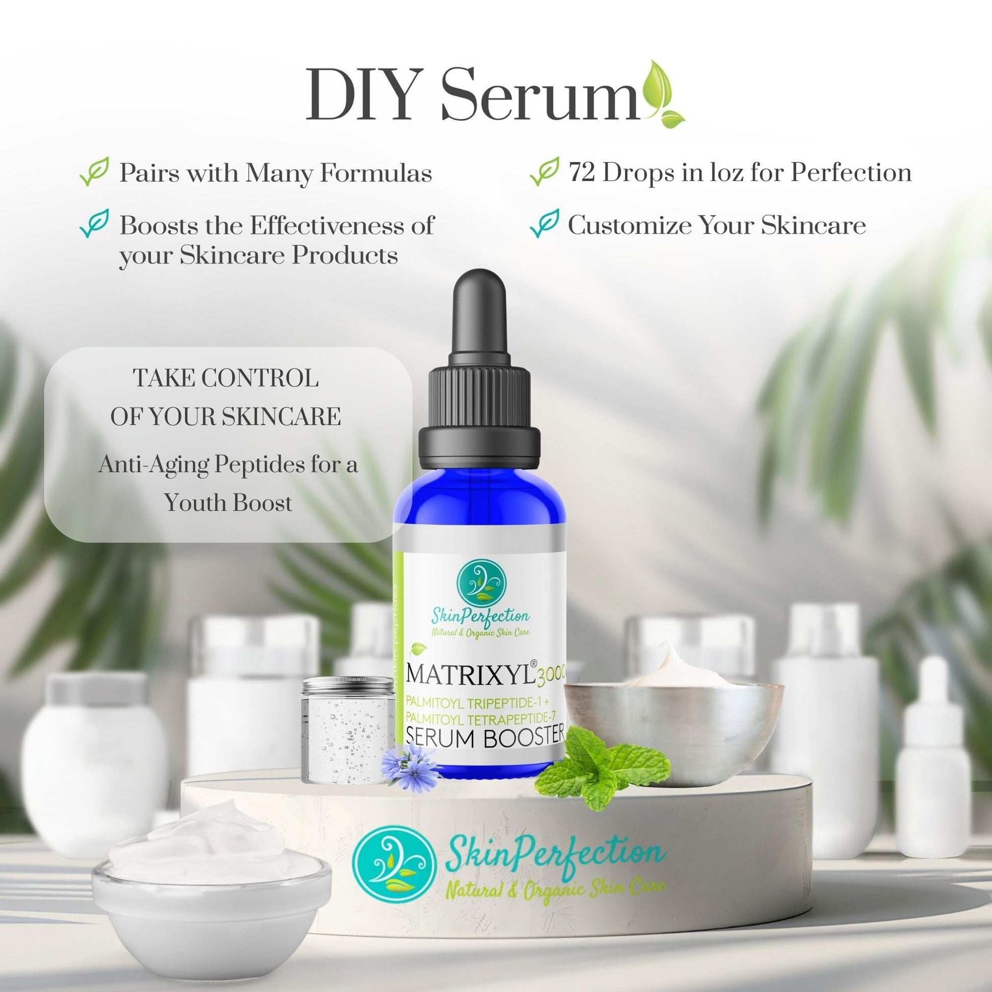 Skin Perfection Matrixyl 3000, Palmitoyl Oligopeptide and Tetrapeptide 7, Reduces the Appearance of Wrinkles and Brings Back a Youthful Look, This Is a Serum Booster to Make Your Own Anti Aging Skincare with Skin Perfection Lotion Making Supplies.