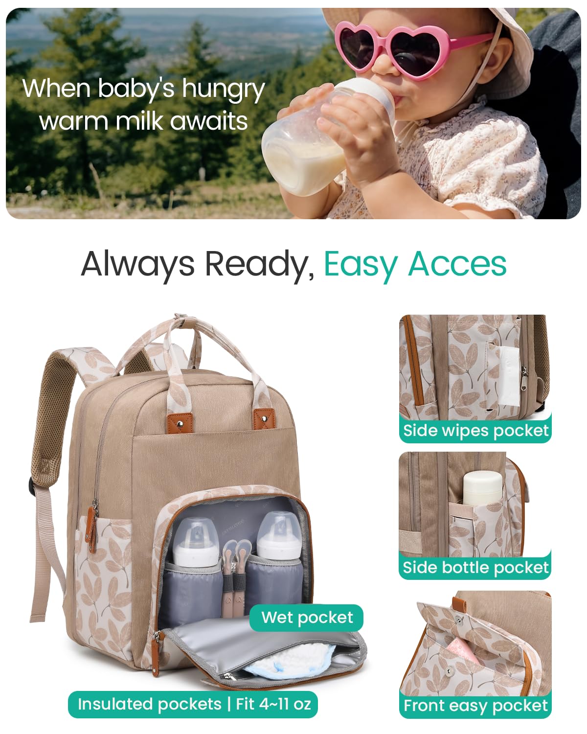 Qualyphant Mochila para pañales extragrande para dos niños, expandible, de 35 l, para mamá, niña, niño, papá, niño pequeño, bolsa grande para pañales de viaje, 21 bolsillos (4 aisl Hoja de color caqu