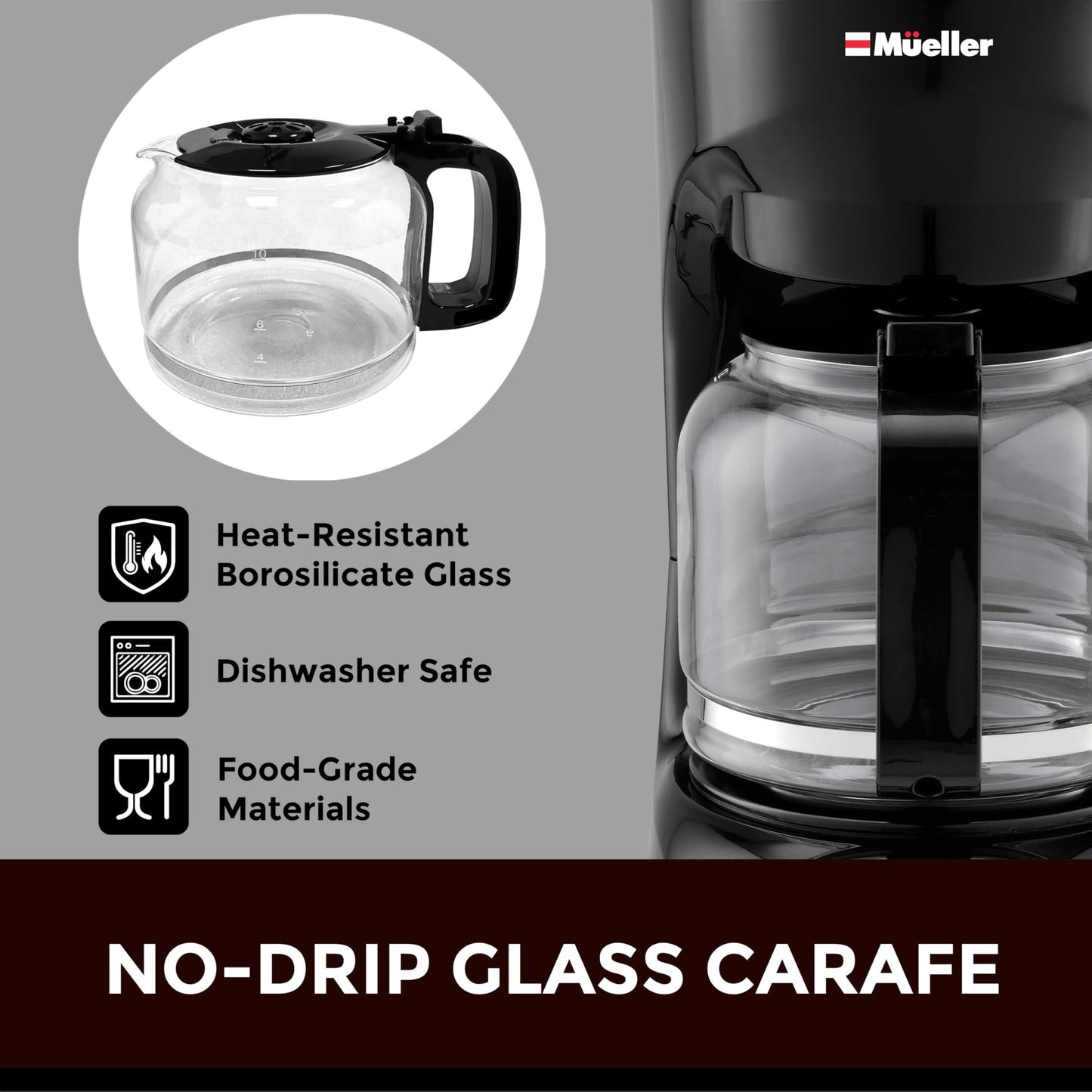 Cafetera de Goteo Mueller Borosilicato Apagado Automático Antigoteo Función Calor 12 Tazas