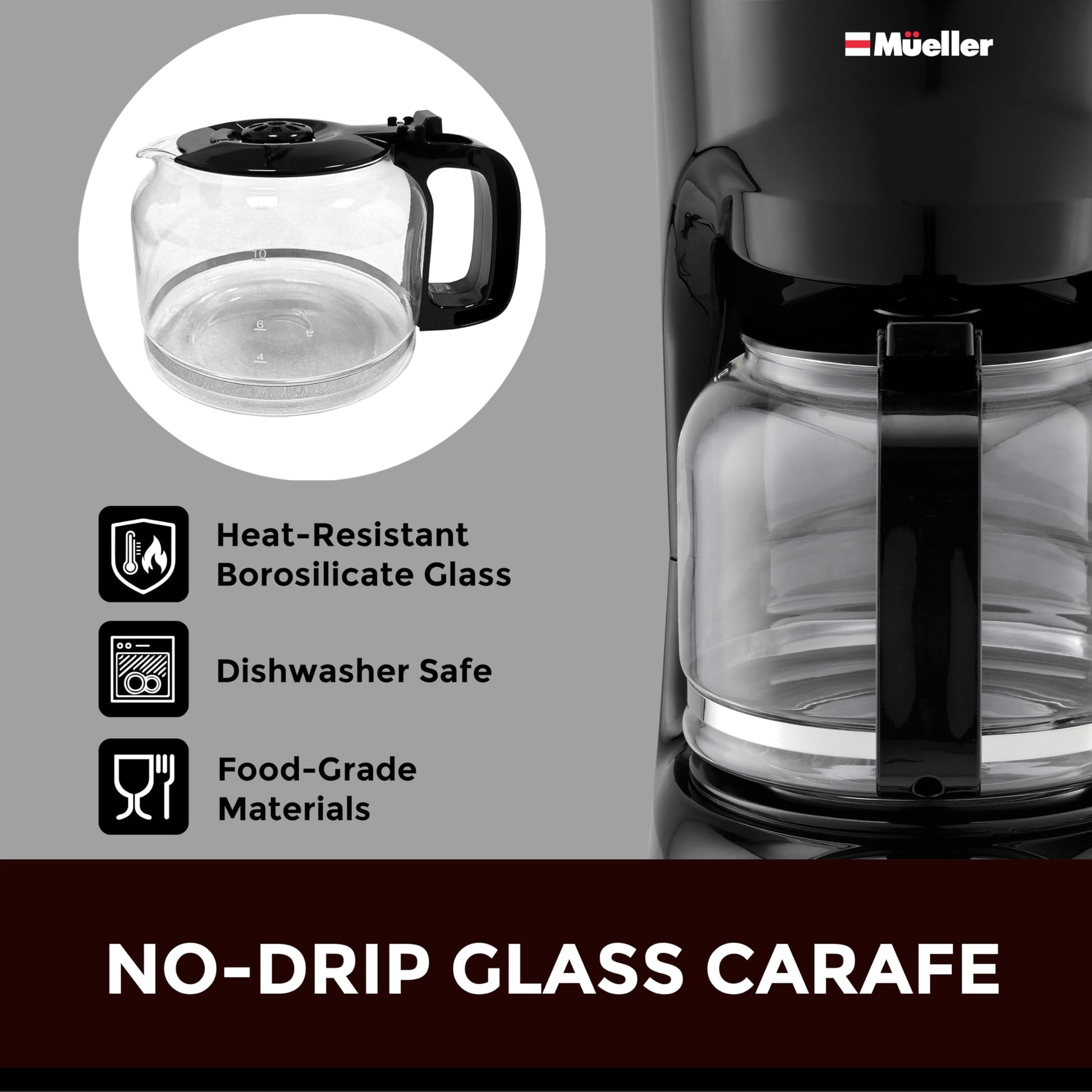 Cafetera de Goteo Mueller Borosilicato Apagado Automático Antigoteo Función Calor 12 Tazas