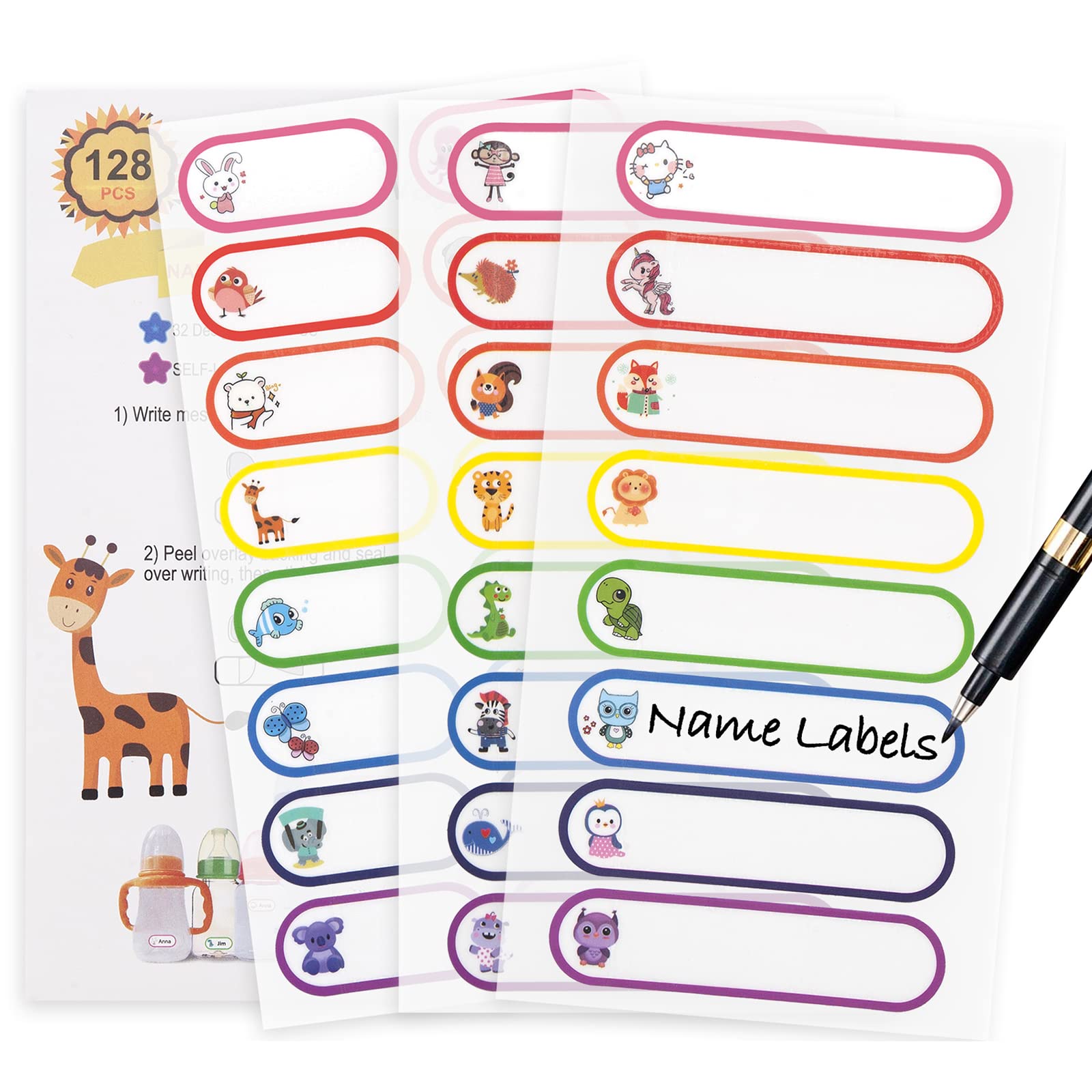 Etiquetas para biberones de bebé para suministros de guardería, 128 etiquetas impermeables para guardería, autolaminadas, aptas para lavaplatos, etiquetas de nombre escolar para cosas de niños, etiquetas de nombre para botellas de agua de plástico