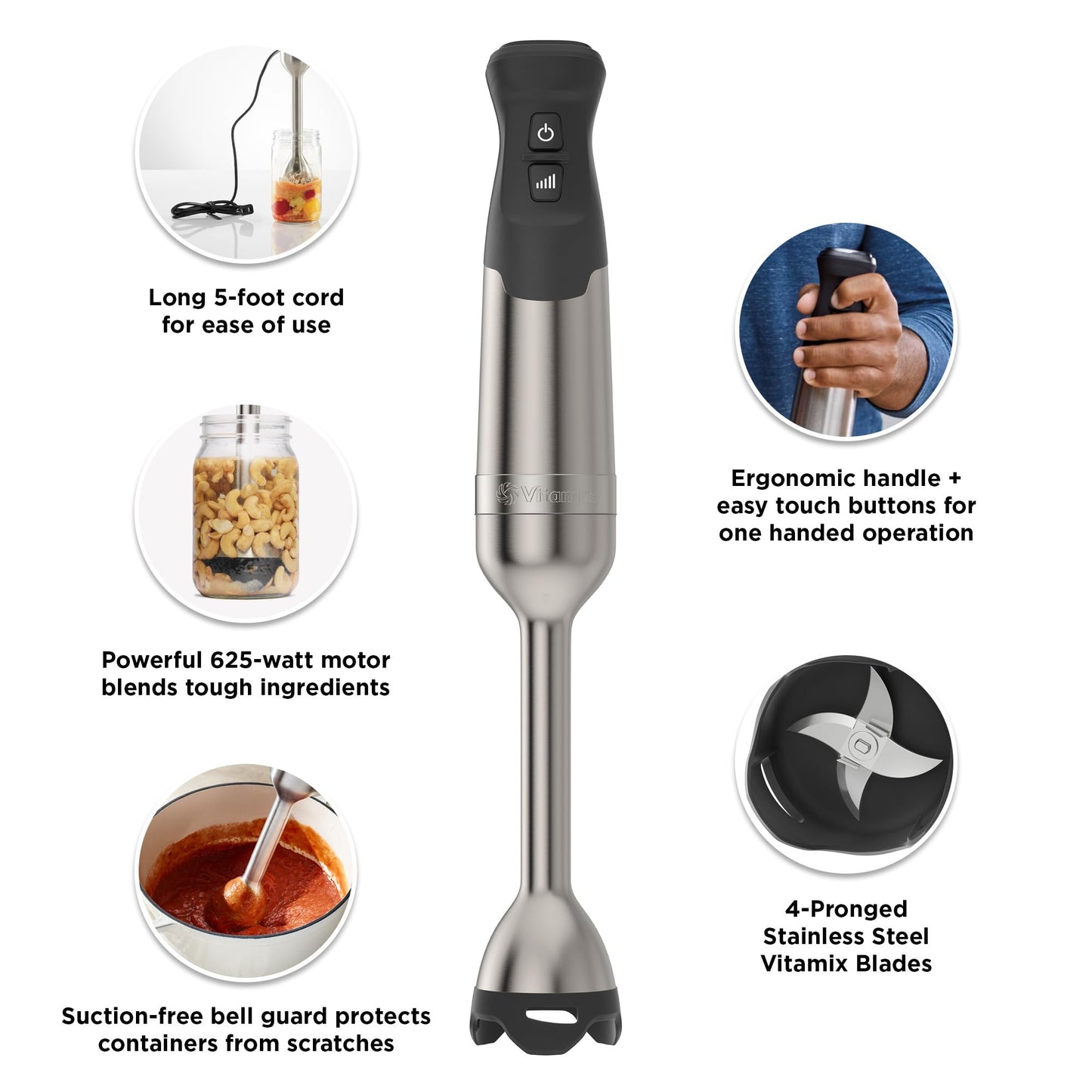 Vitamix Batidora de inmersión de 5 velocidades, motor de 625 vatios, operación con una sola mano, cable de 5 pies, acero inoxidable/negro