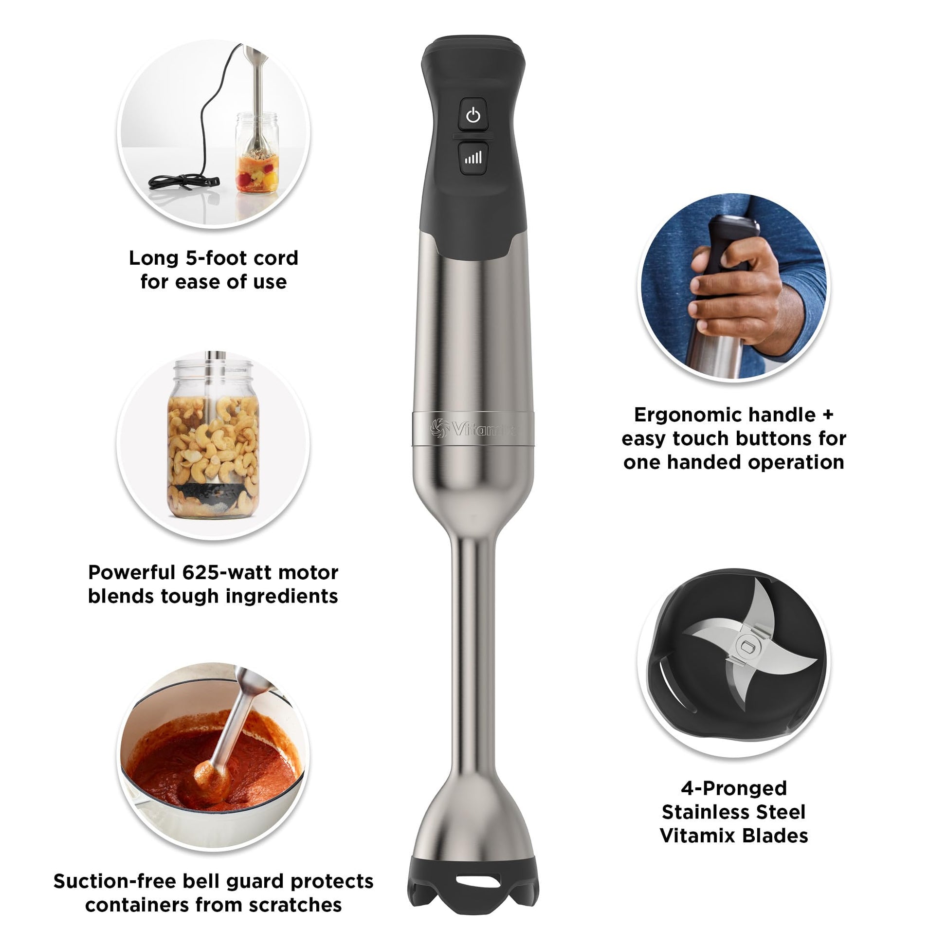 Vitamix Batidora de inmersión de 5 velocidades, motor de 625 vatios, operación con una sola mano, cable de 5 pies, acero inoxidable/negro