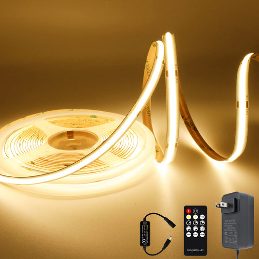 AXMOTUT COB - Tira de luces LED de color blanco cálido, tiras LED de alto brillo con 2400 LED, control remoto RF y fuente de alimentación UL, luces LED regulables de 3000 K para recámara, cocina,