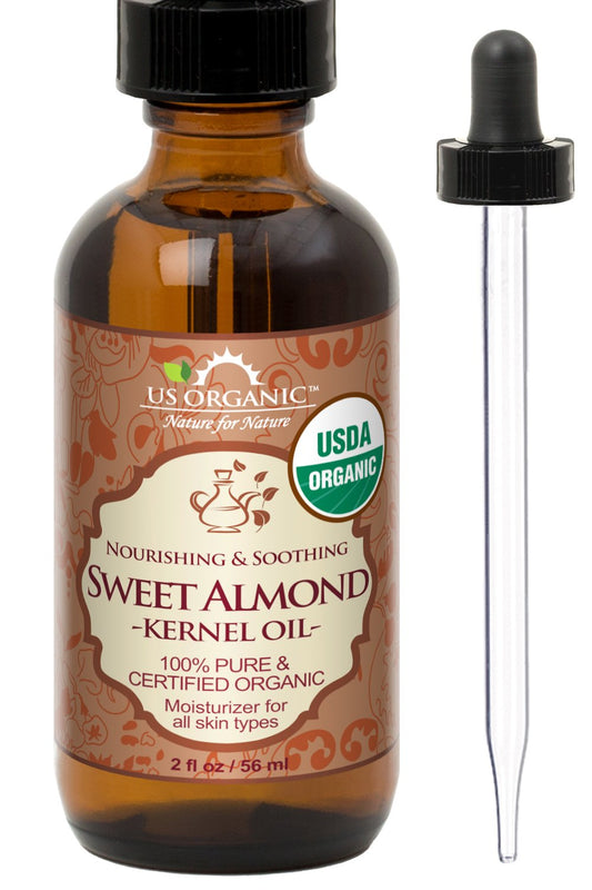US Organic, Aceite de Almendra Dulce, Certificado Orgánico por USDA, 100% Puro y Natural, Prensado en Frío, Virgen, Sin Refinar, Botella de Vidrio Ámbar con Cuentagotas (56 ml)