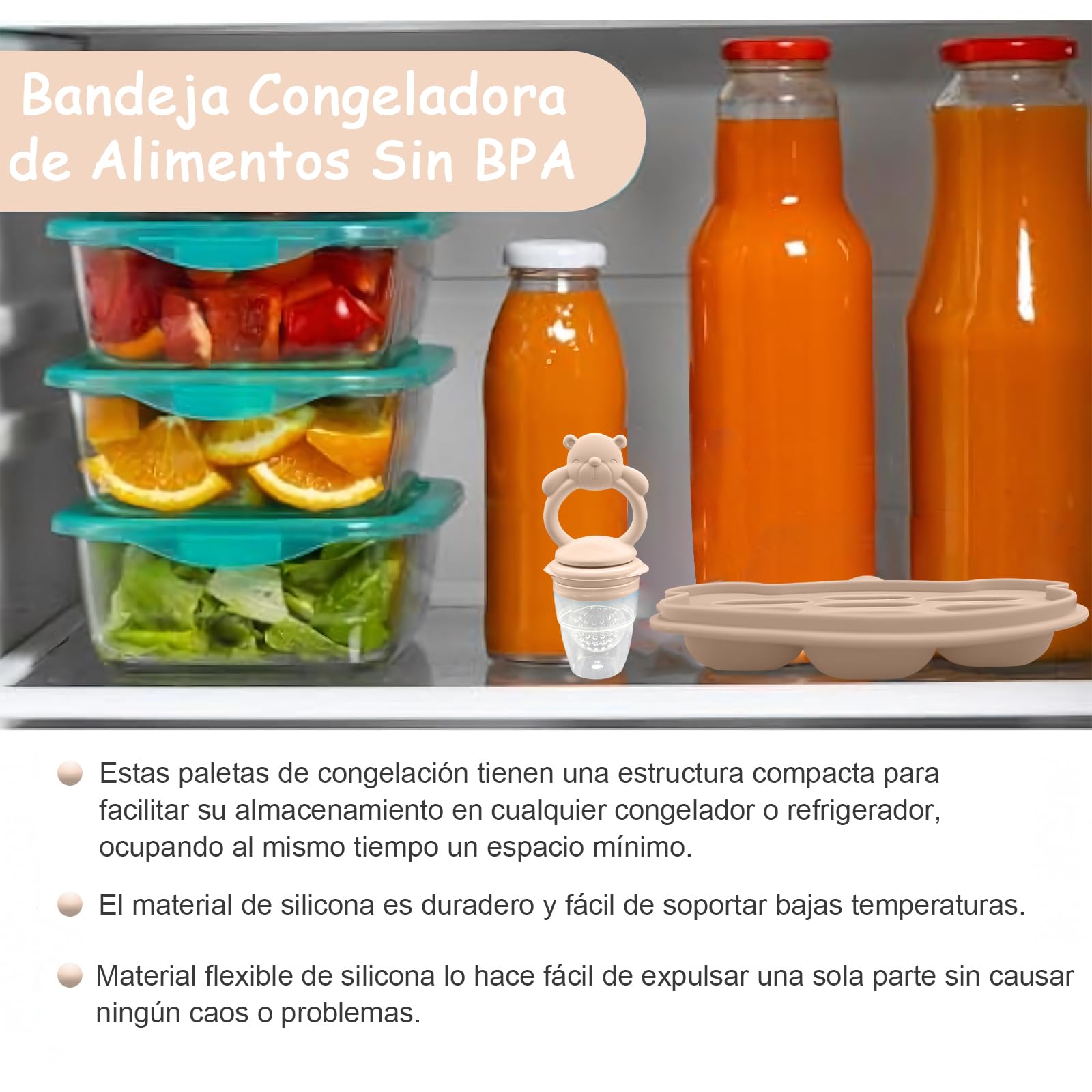 EHRHDKNS Bandeja Congeladora de Alimentos para Bebés Sin BPA, Adecuado para la Introducción Segura de Alimentos, Fruta y Papillas a Partir de los 4 Meses, Fortalece los Dientes del Bebé y le Ayuda a Comer Sano (Beige, Oso)