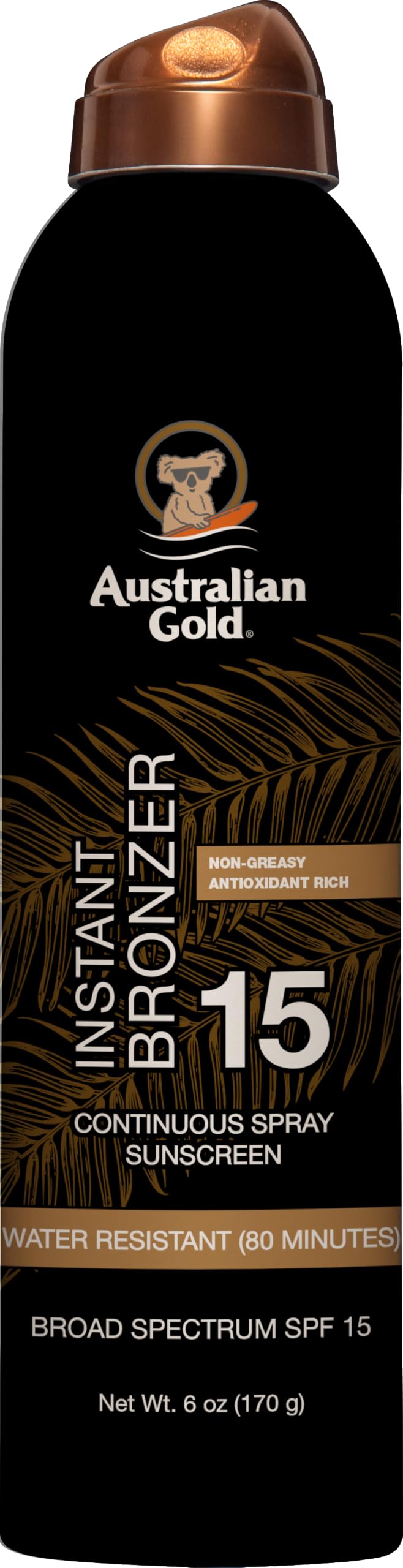 Australian Gold Instant Bronzer Water Resistant Sunscreen Spray SPF 15, 6 Ounce