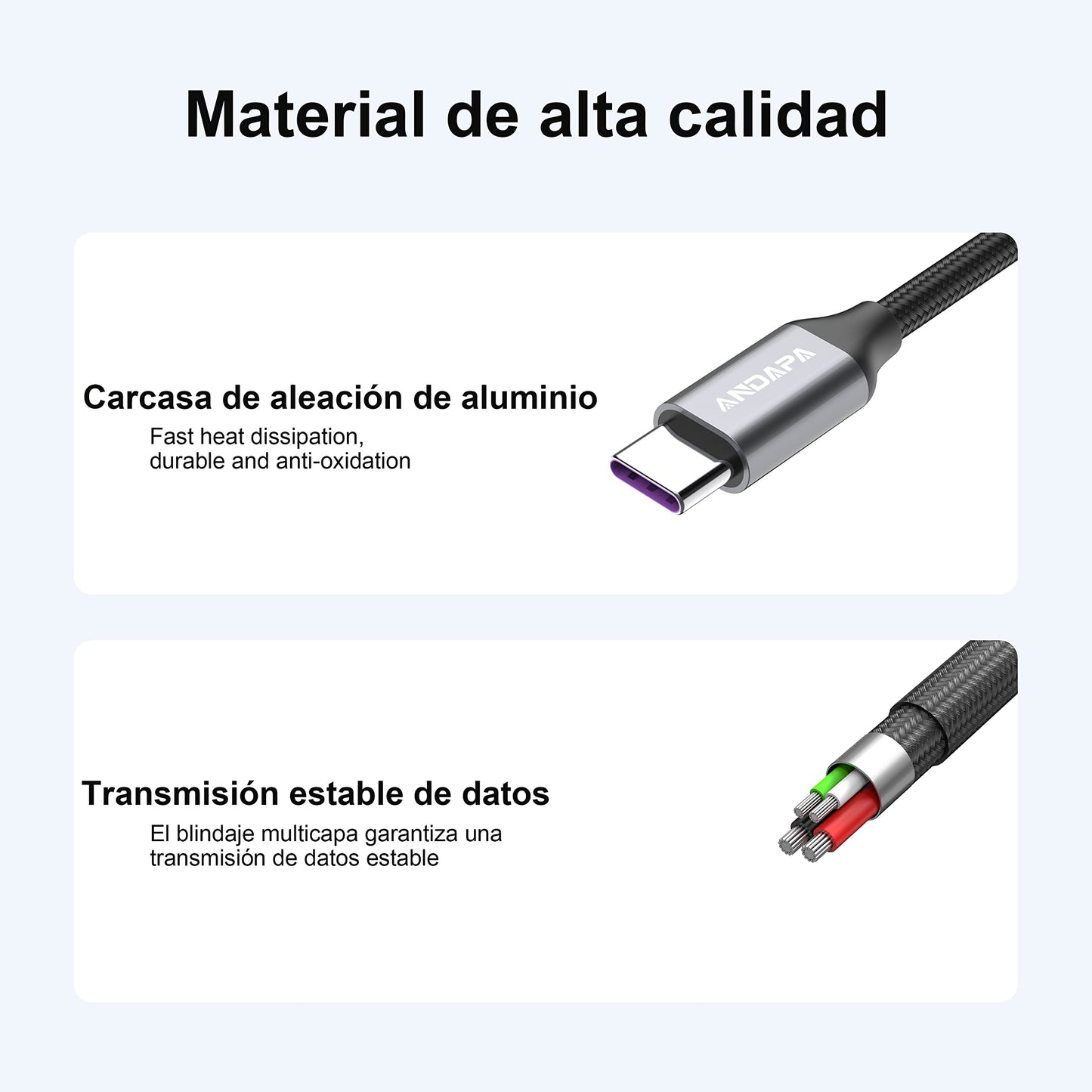 Cable USB C ANDAPA Negro Carga Rápida Compatible con Galaxy, Xiaomi, GoPro, OnePlus, Huawei y LG