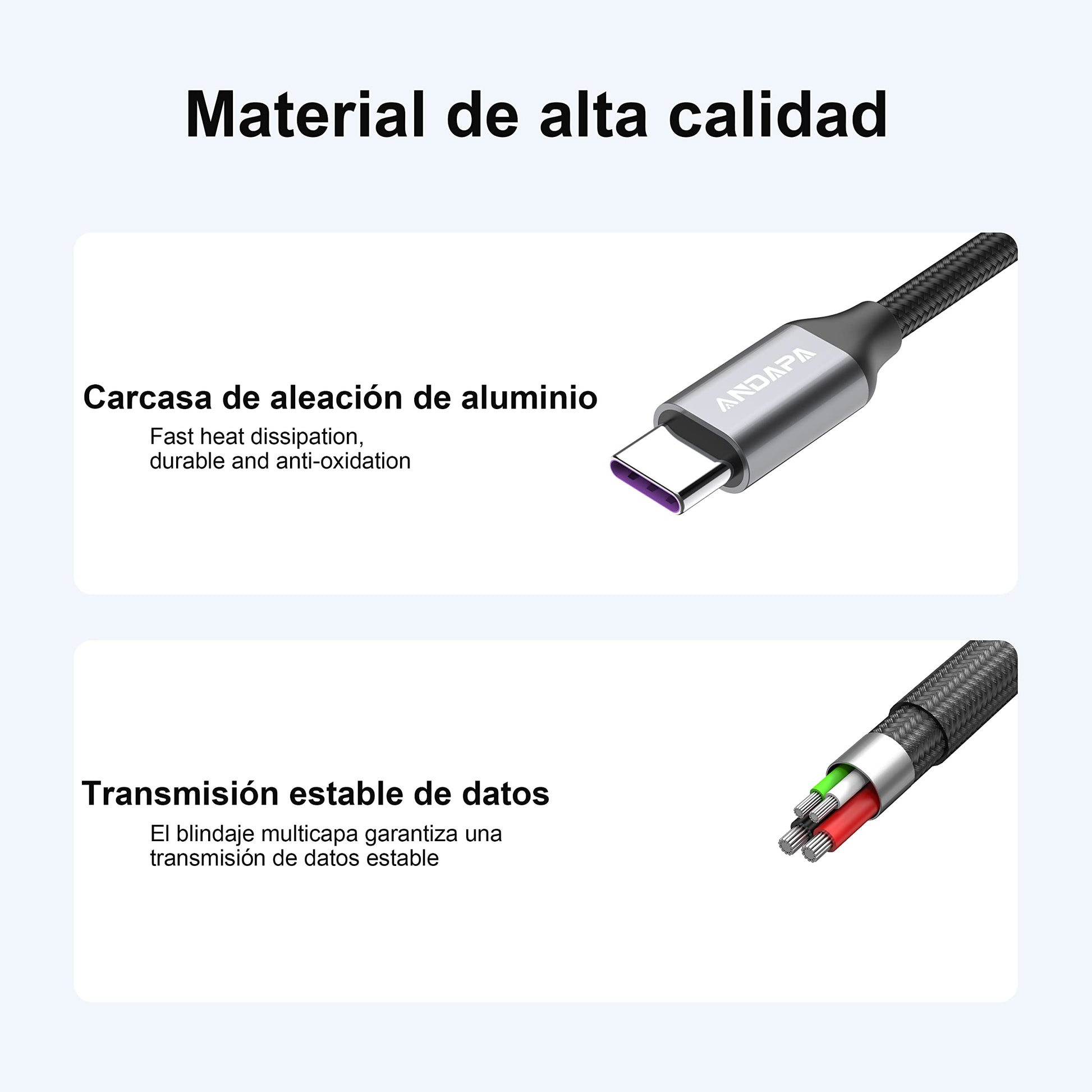 Cable USB C ANDAPA Negro Carga Rápida Compatible con Galaxy, Xiaomi, GoPro, OnePlus, Huawei y LG
