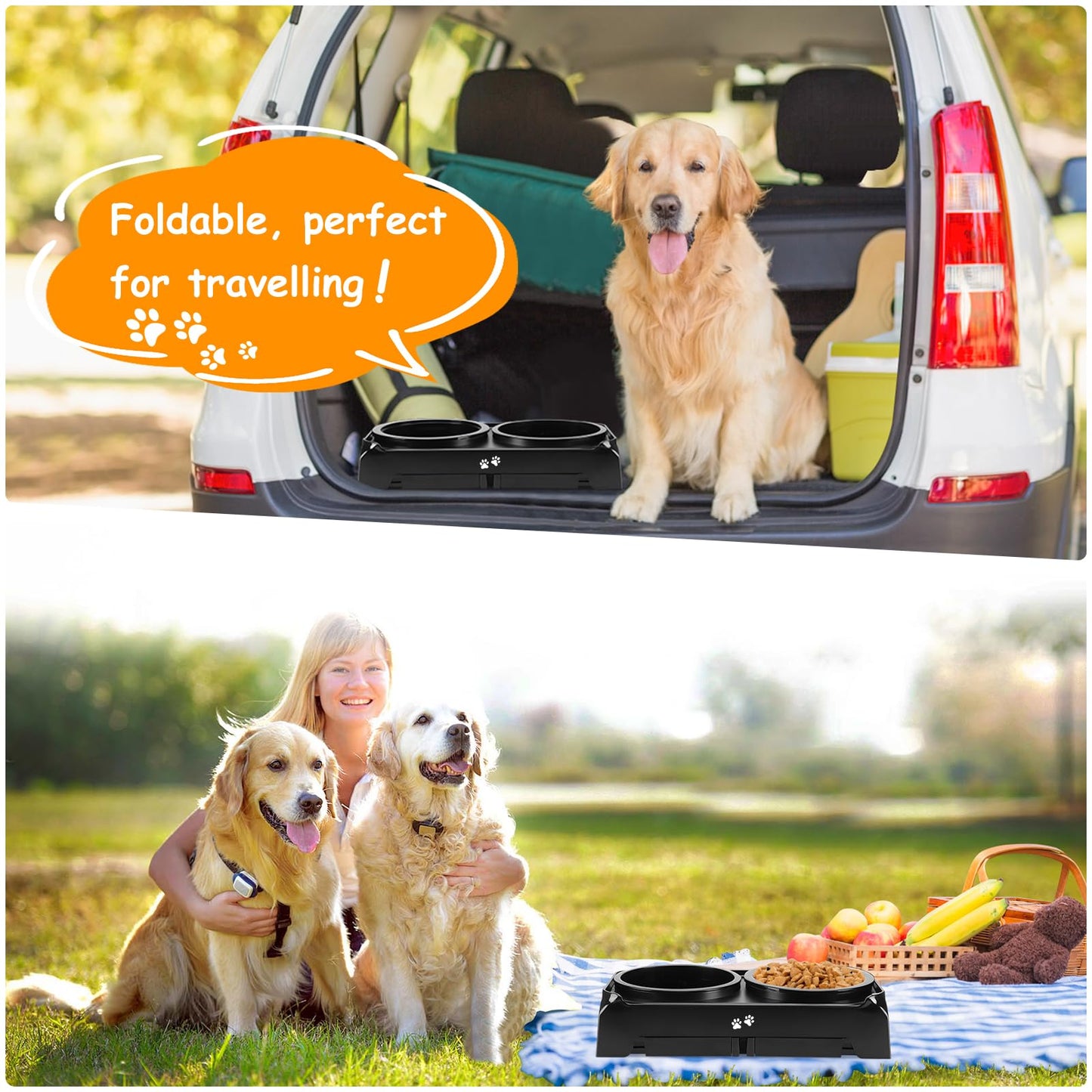 COMESOON SELPONT Bowls Slow Feeder with No Spill Dog Water Bowl 4 Height Adjustable Raised Dog Bowl Stand for Food and Water, Non-Slip Dog Feeder for Medium Large Dogs, Black