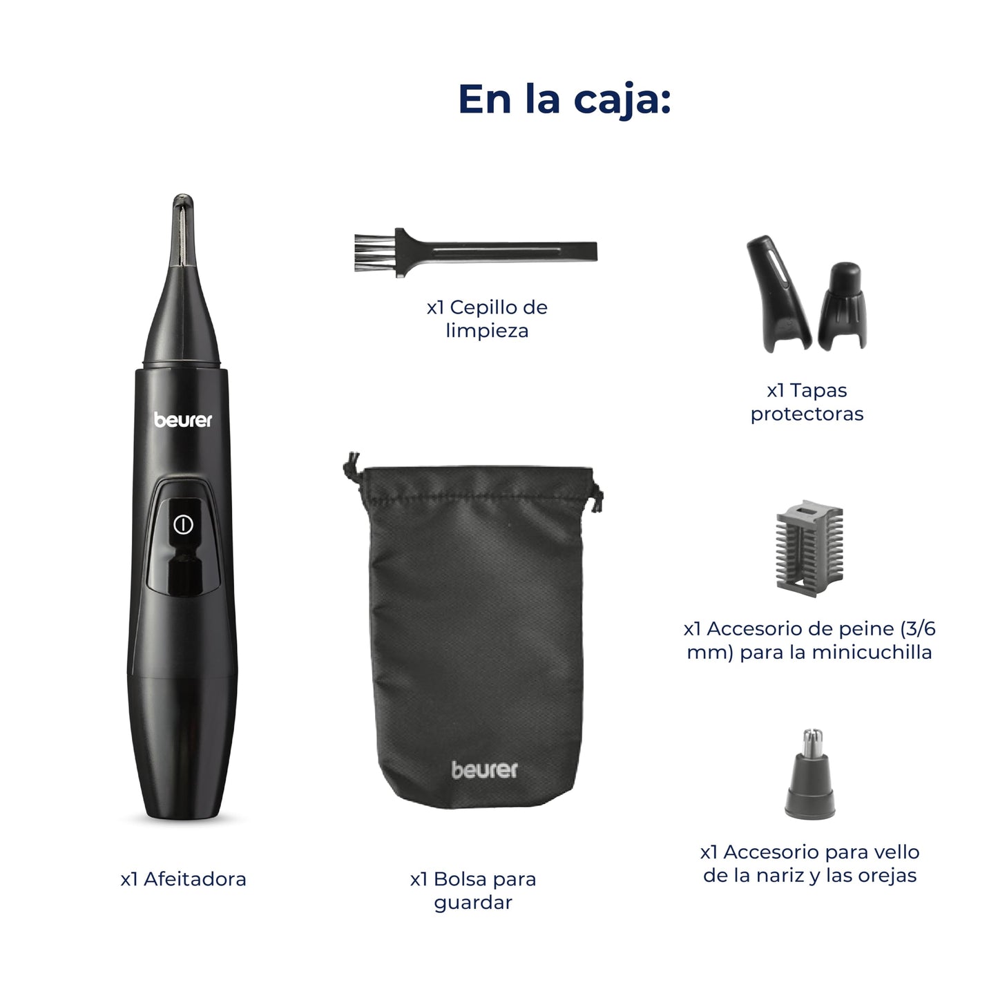Beurer MN2X Recortadora de Nariz, Orejas y Cejas para Hombre y Mujer, Trimmer de Precisión con Accesorios de Acero Inoxidable y Resistente a Salpicaduras