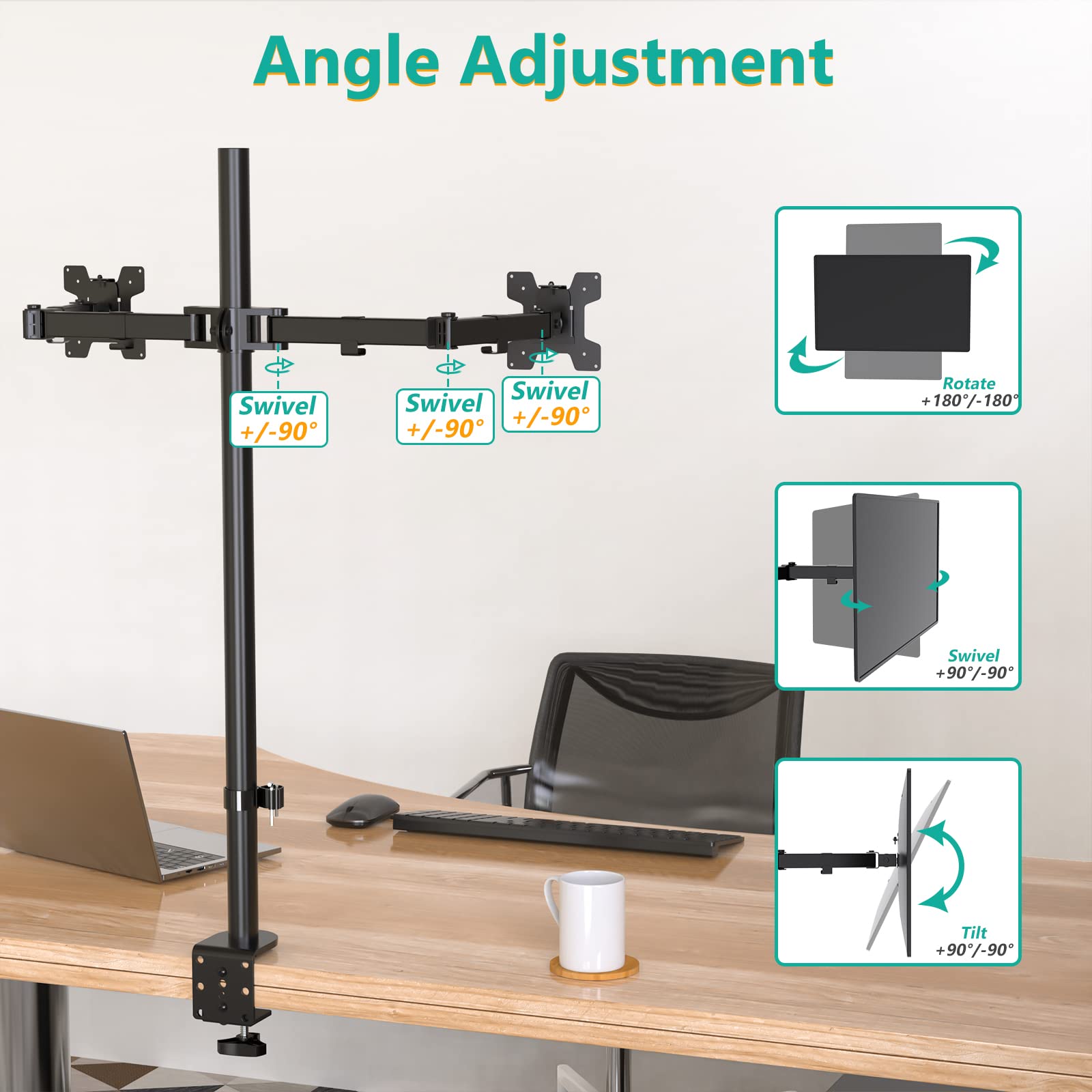 Soporte Doble Monitor WALI Negro Extra Alto con Brazo para Dos Monitores hasta 27 Pulgadas de 10 kg