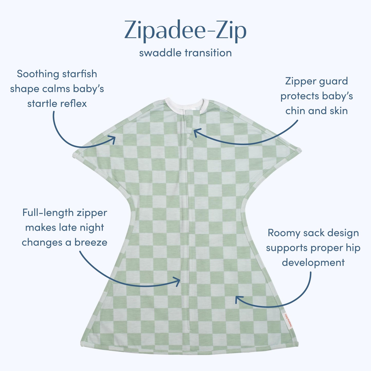 SleepingBaby Zipadee-Zip Transition Swaddle - Manta para bebé con cremallera para envolver, cómoda y acogedora - Manta portátil espaciosa para cambios de pañal fáciles - Verde mar/Azul, Pequeño (4-8