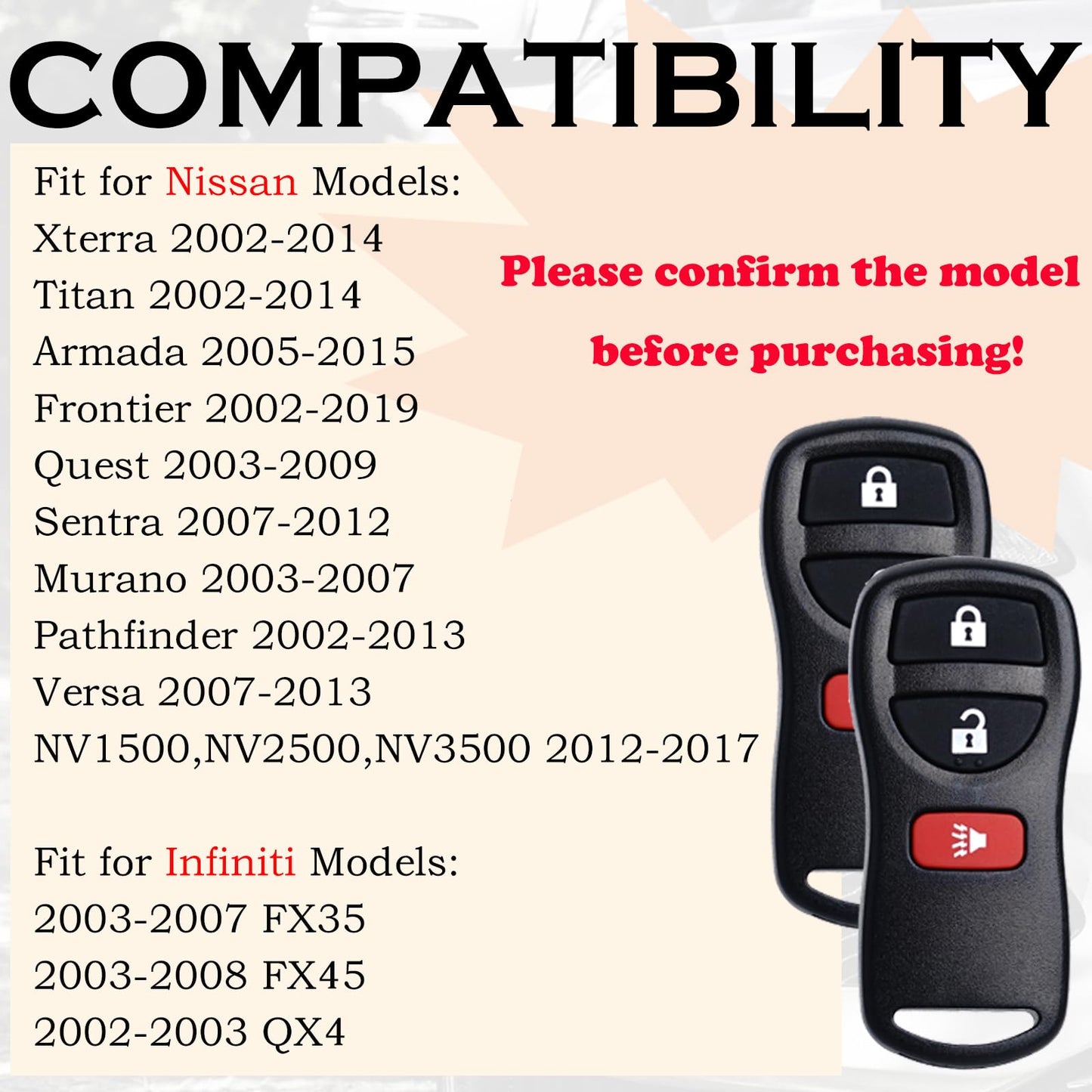 SUPALAND Control remoto de llave de reemplazo para entrada sin llave Compatible con Nissan Xterra Titan Armada Frontier 2002-2019 Quest Sentra Murano Pathfinder Versa Infiniti FX35 FX45 QX4 KBRASTU15