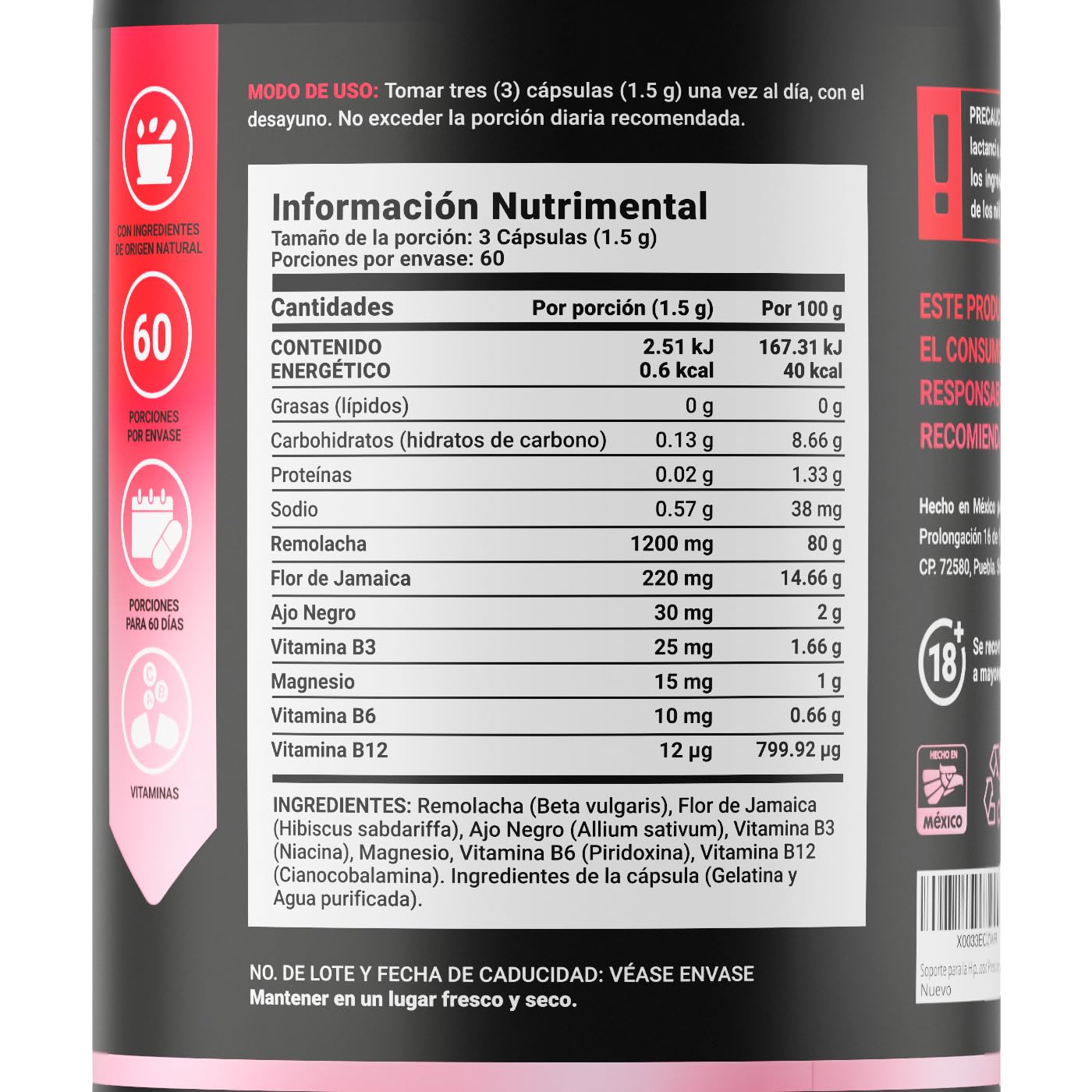 BPS con 180 Cápsulas. 1500 mg por porción de Betabel (Remolacha), Flor de Jamaica, Ajo Negro, Vitaminas y Magnesio. Ingredientes Naturales. BPS B Life.