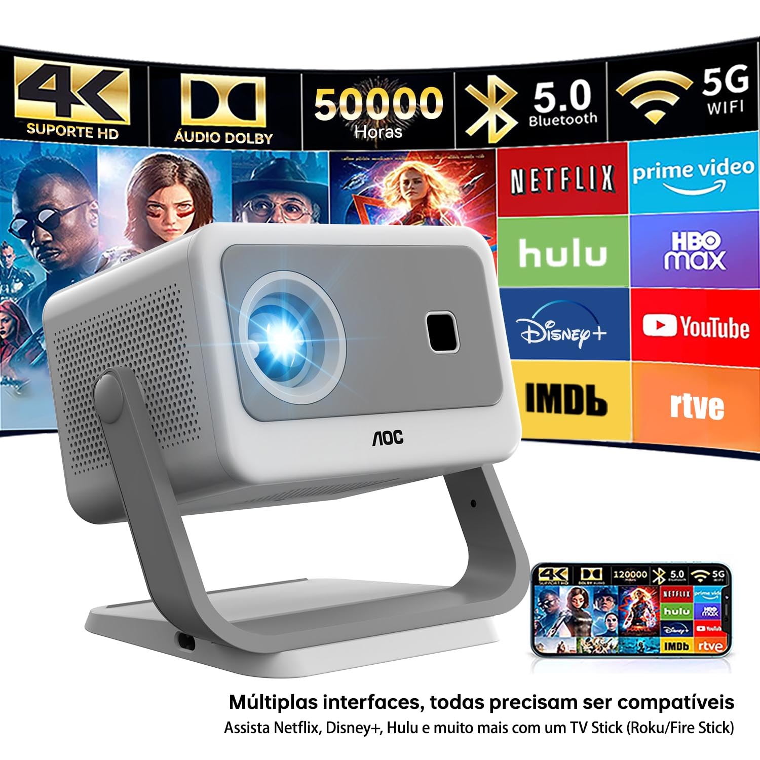 AOC Mini proyector, portátil Compatible con 4K,12000 lúmenes,Enfoque eléctrico, WiFi y Bluetooth,diseño con eliminación de Polvo y disipación de Calor, Compatible con Android e iOS para Cine en casa