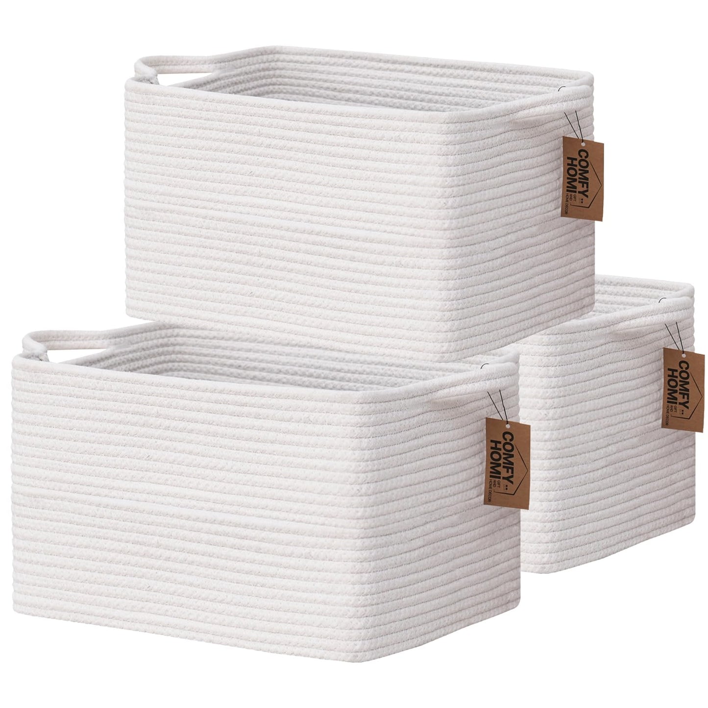 COMFY-HOMI - Paquete de 3 cestas cuadradas de cuerda de algodón con asas para estantes, cesta de juguetes para perros y almacenamiento, cesta de bebé para regalo, cesta de zapatos para organizar la