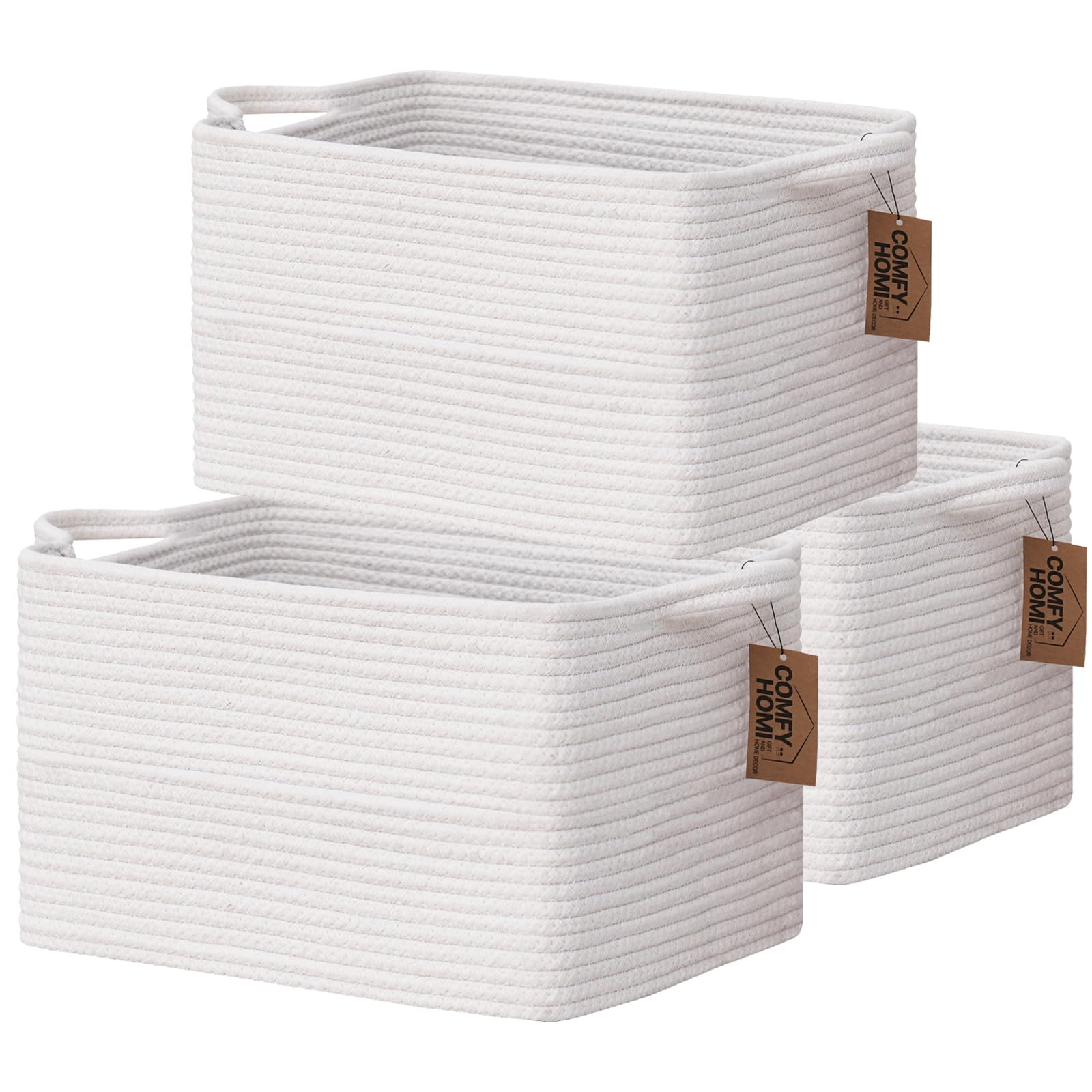 COMFY-HOMI - Paquete de 3 cestas cuadradas de cuerda de algodón con asas para estantes, cesta de juguetes para perros y almacenamiento, cesta de bebé para regalo, cesta de zapatos para organizar la