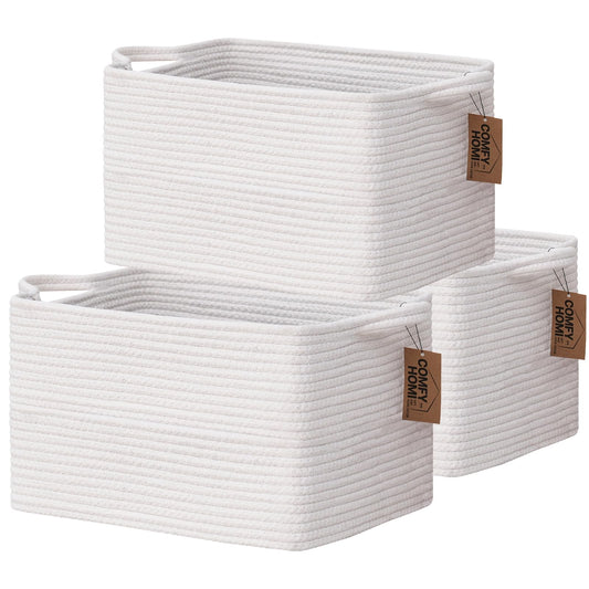 COMFY-HOMI - Paquete de 3 cestas cuadradas de cuerda de algodón con asas para estantes, cesta de juguetes para perros y almacenamiento, cesta de bebé para regalo, cesta de zapatos para organizar la