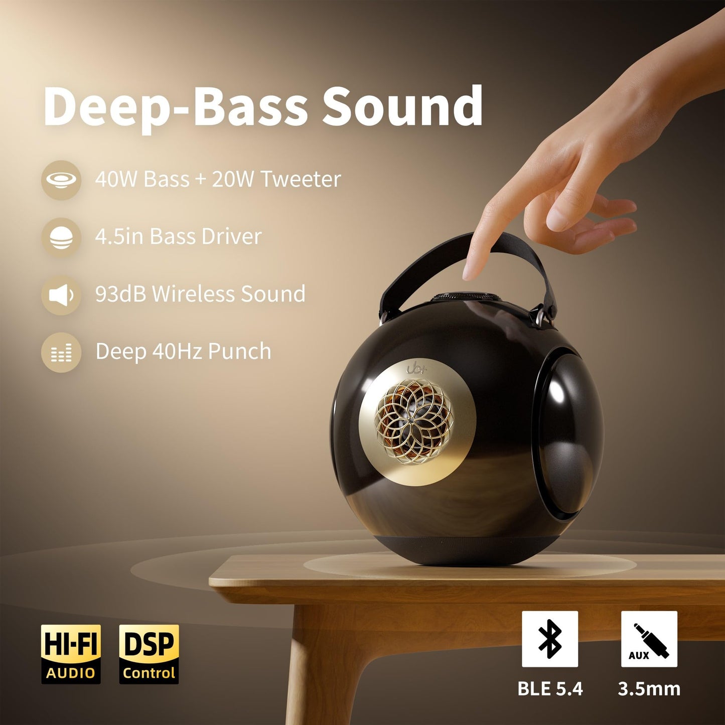 UB+ dB1 doubleBASS - Altavoz Bluetooth impermeable | Sonido Hi-Fi de 40 W con graves profundos, tiempo de reproducción de 20 horas, emparejamiento IPX5 y TWS (negro brillante con trípode)