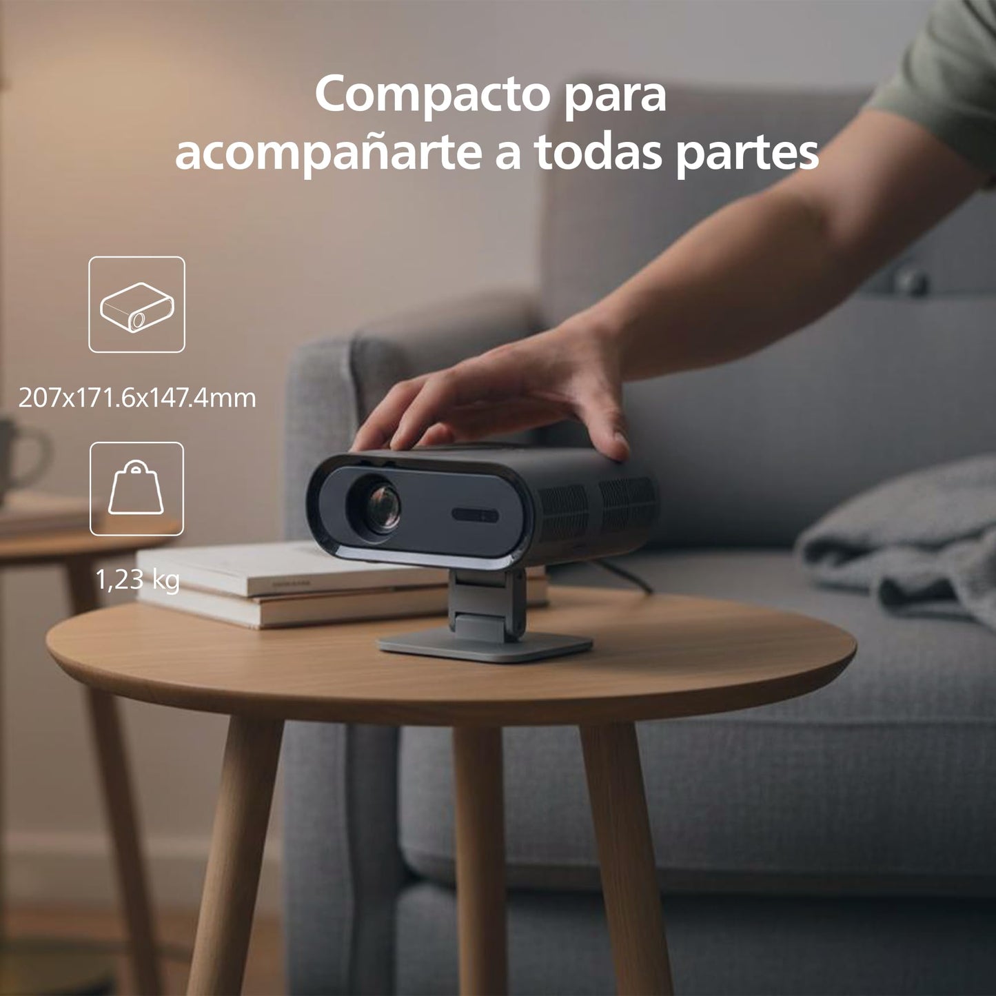Philips, Neopix 160 Smart, Proyector de cine en casa, Full HD 1920 x 1080p, 250 lúmenes, Google TV, fuente de luz LED, soporte giratorio, Wi-FI 6, sonido estéreo de 2 x 5 vatios, negro.