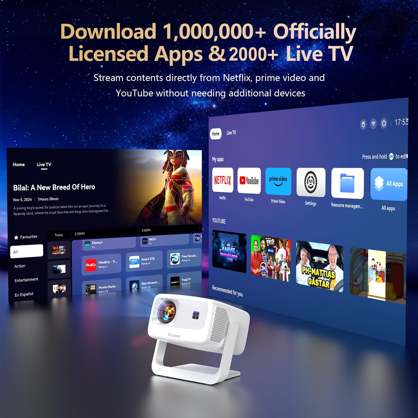 Goiaey [Nueva generación con Visibilidad Diurna Mejorada/Descarga de Aplicaciones Oficiales/Audio Dolby de 65 W] Proyector para Exteriores con WiFi y Bluetooth, Modelo Gris Mejorado (versión 2026)