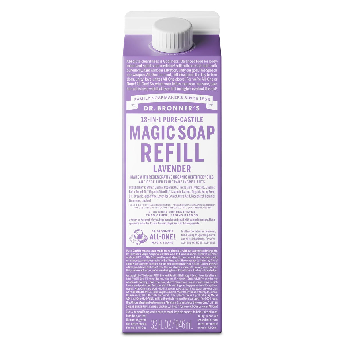 Dr. Bronner's Lavanda - Recambio de Jabón de Castilla Puro, 946 ml