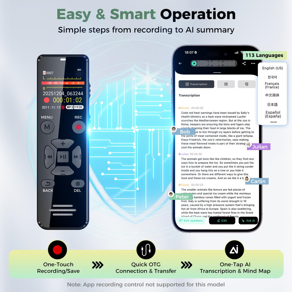 Grabadora de Voz Digital YIVIDA 128 GB AI con Transcripción y Resumen para Reuniones