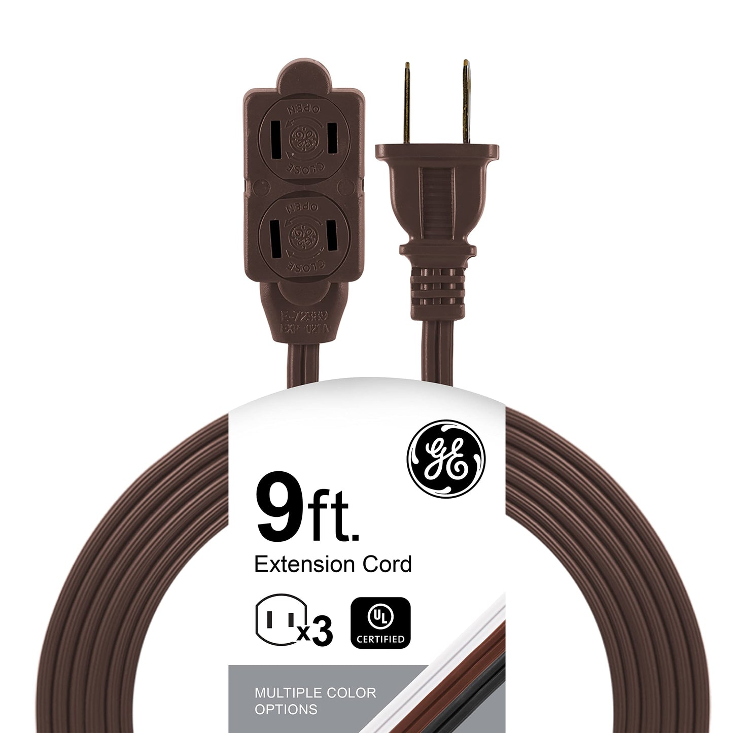 GE Designer - Extensión trenzada, 3 tiras, salidas de 2 dientes, enchufe plano, cable de alimentación sin enredos, perfecto para el hogar, la oficina o la cocina, clasificación UL, 9 ft, Marrón
